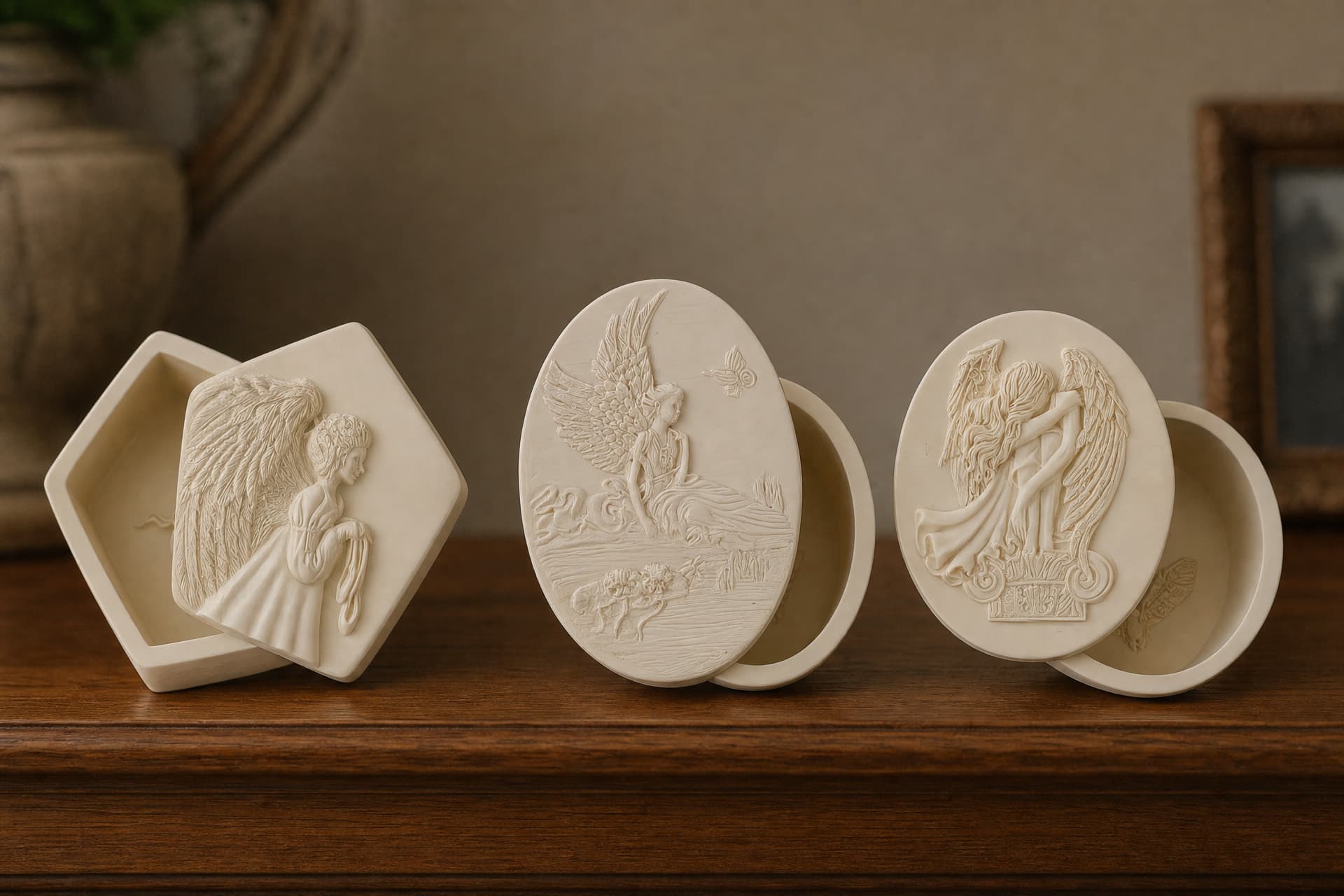 Three cast-stone angel keepsake boxes on a wooden shelf, each with its lid set ajar