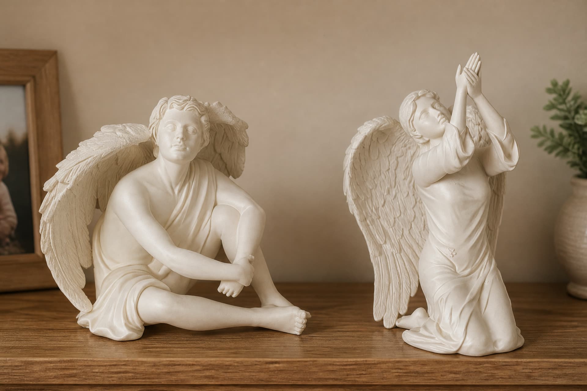 Two cast-stone angel figures on a wooden shelf beside a framed photograph, one seated and one kneeling with hands raised