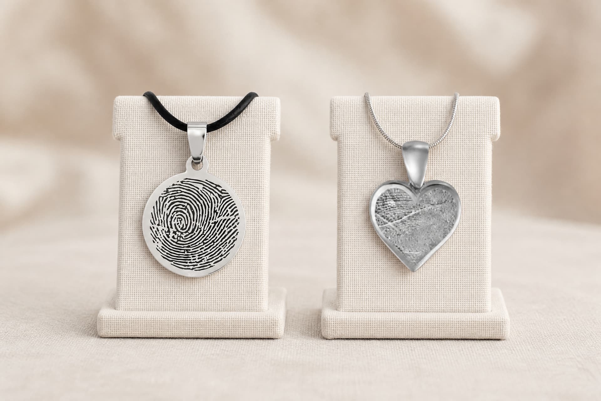 Two fingerprint keepsake pendants on linen display stands, one round and one heart-shaped, each carrying a raised fingerprint