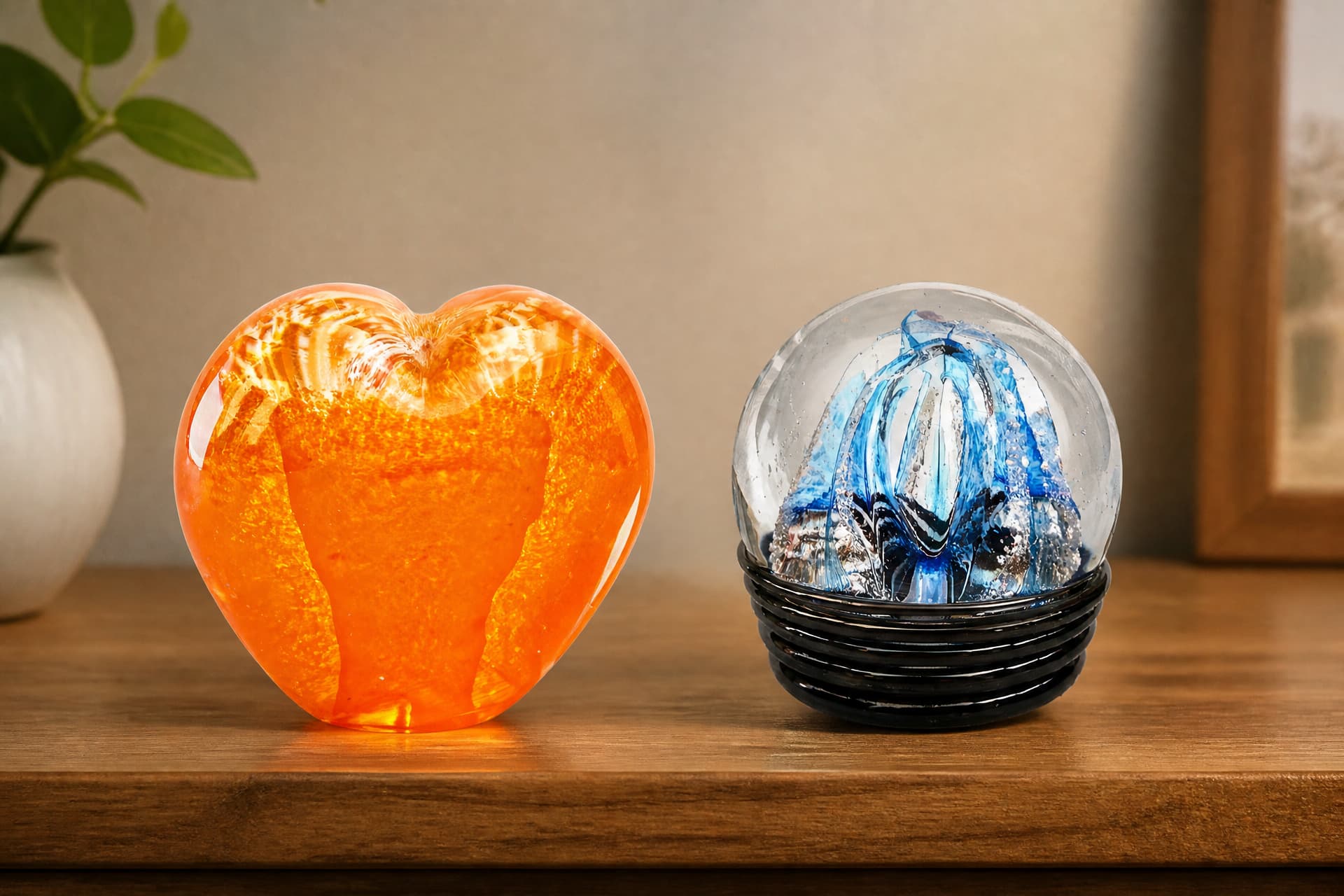 Two glass memorial keepsakes on a wooden shelf, an orange glass heart beside a clear sphere with a blue swirl inside
