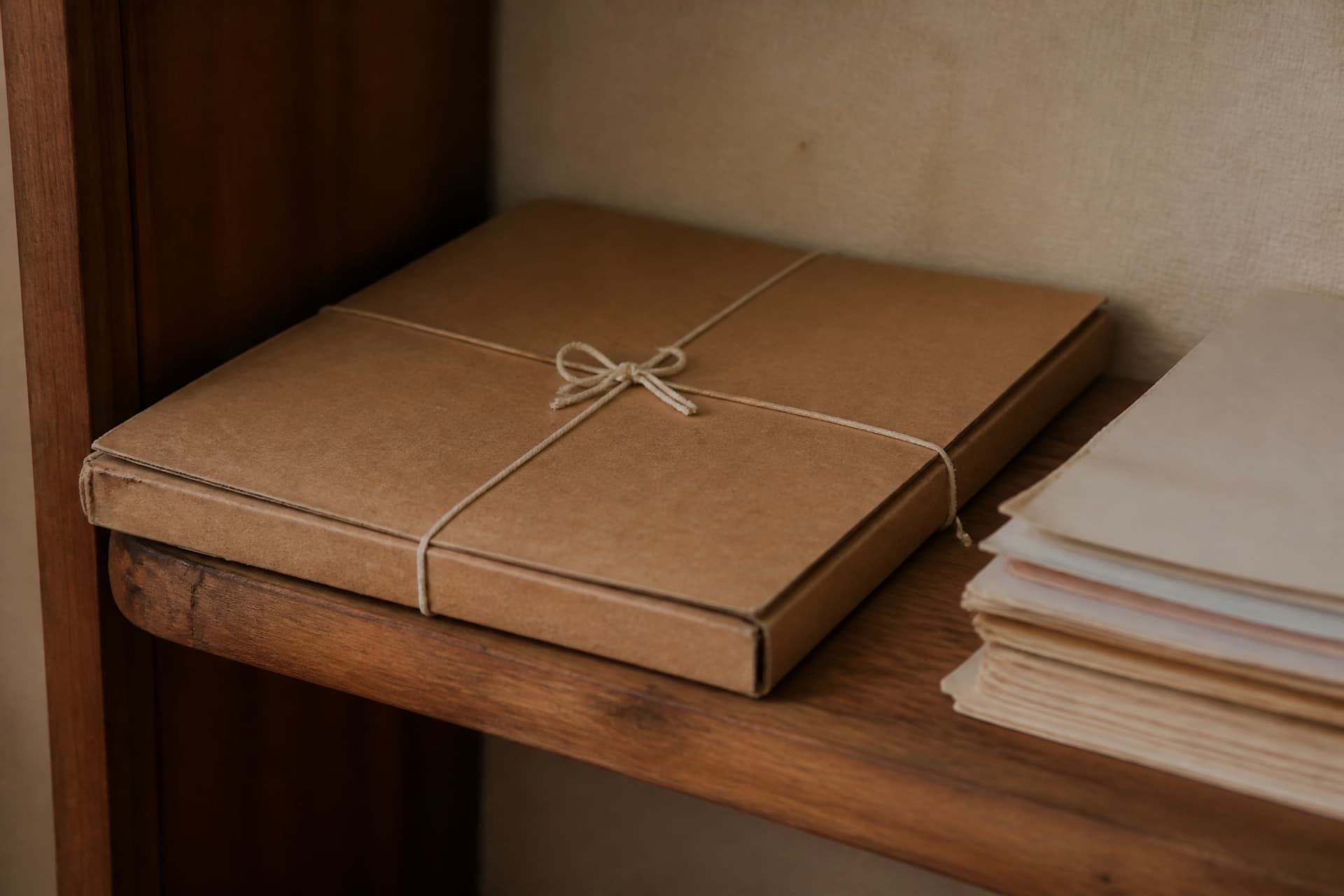 A closed cardboard document folder tied with string resting on a shelf beside a small stack of papers, warm indoor light