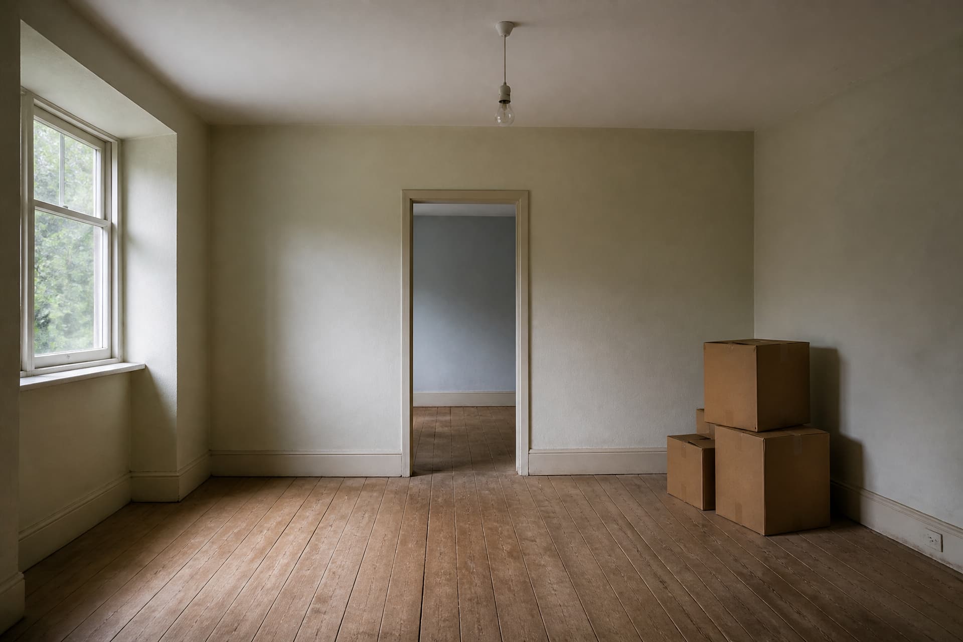 An empty living room with bare floorboards, a single uncovered light fitting and cardboard boxes stacked against one wall