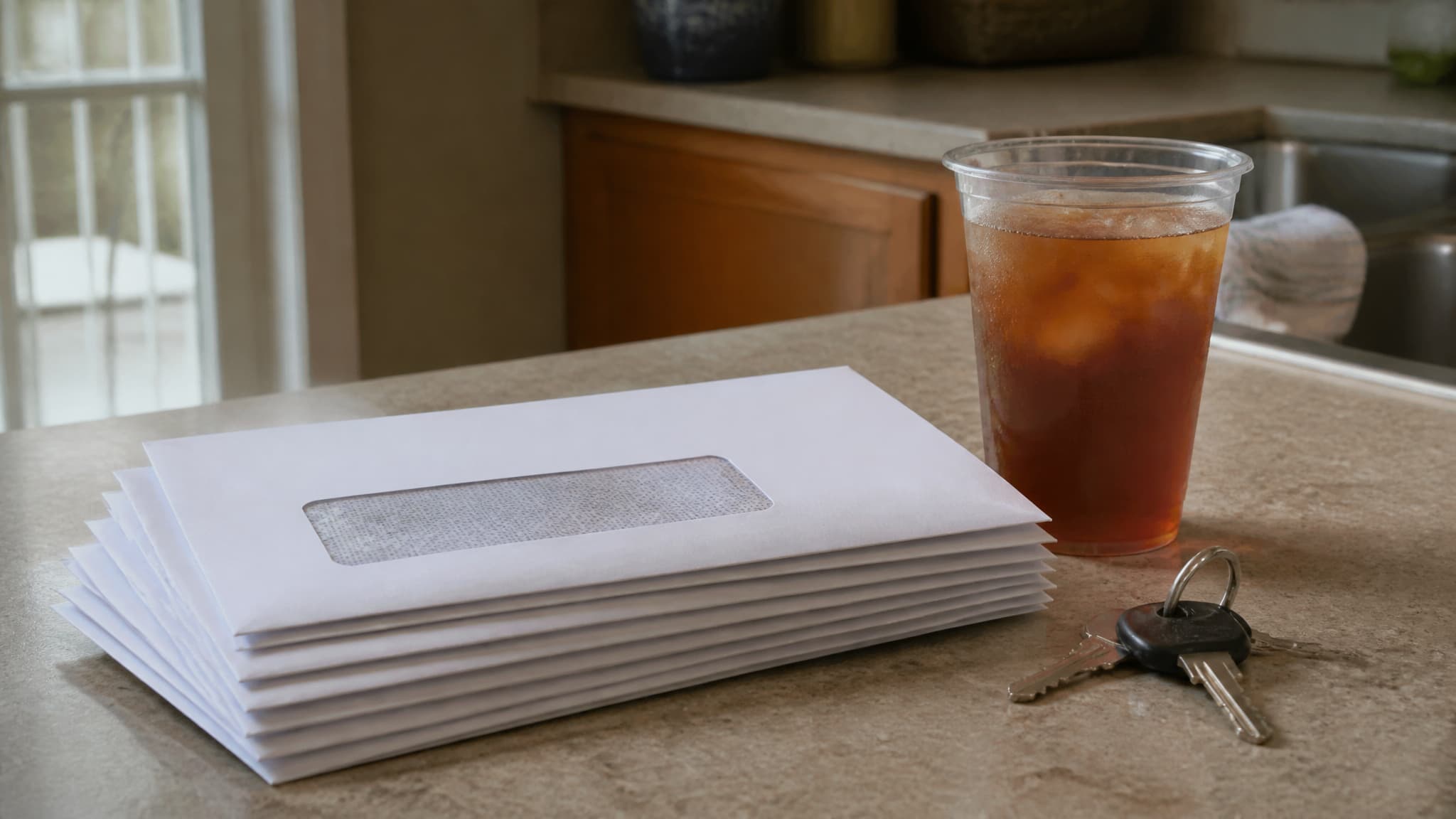 A stack of unopened utility bills on a kitchen counter beside a set of house keys and a cold cup of tea, in flat daylight
