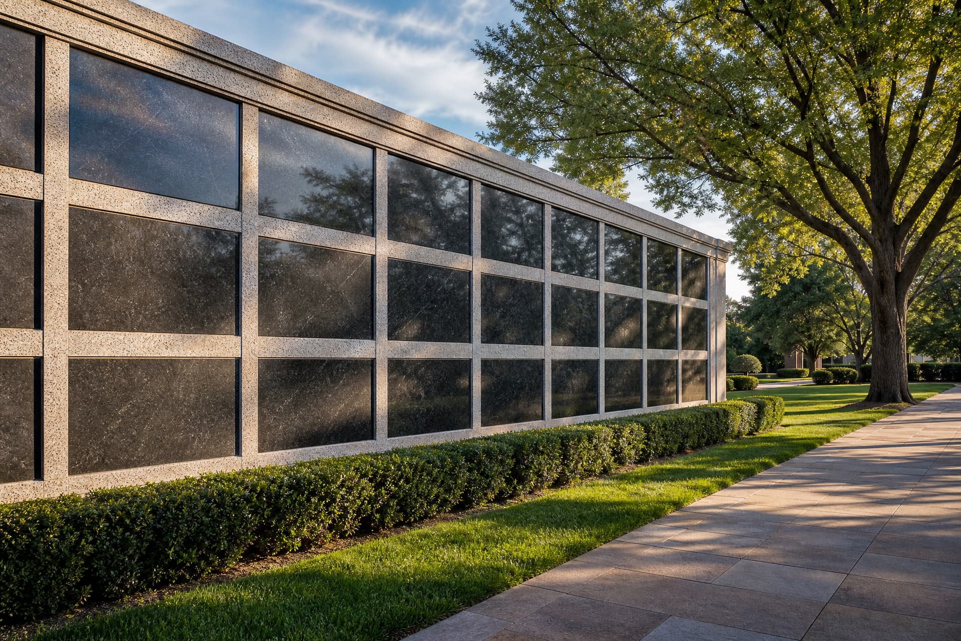 The exterior of a garden mausoleum โ a low granite wall of crypt fronts facing a landscaped path in afternoon light