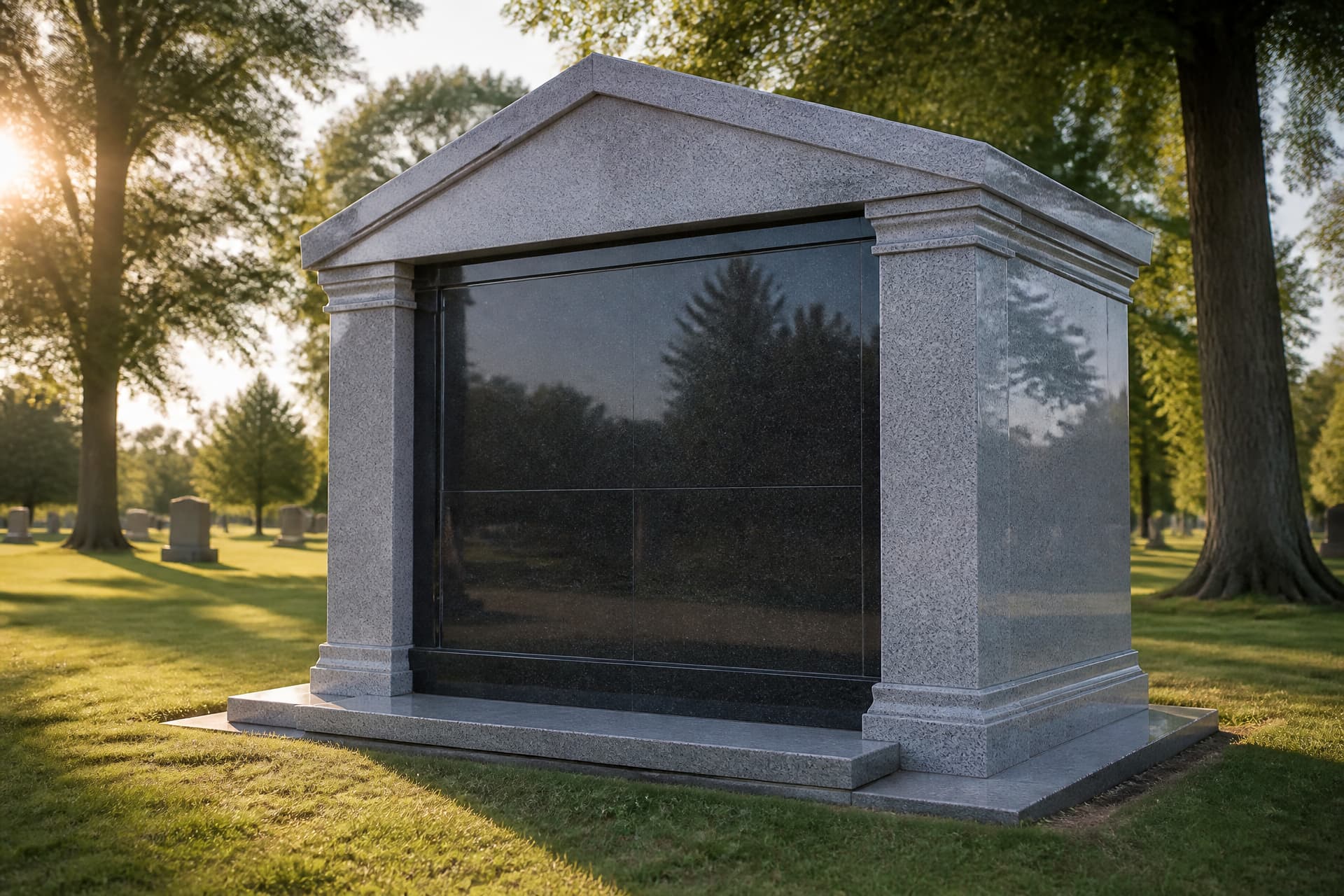 A granite private family mausoleum with a pitched cap and polished front panel, standing on its own foundation in a cemetery