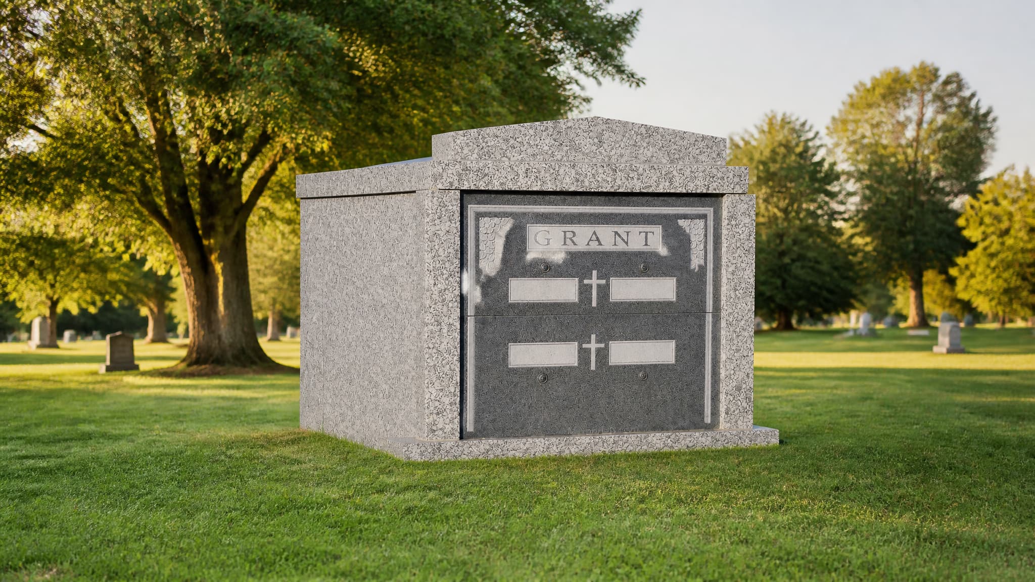 A granite two-crypt private mausoleum standing on mown grass in a sunlit cemetery, far larger than the headstones behind it