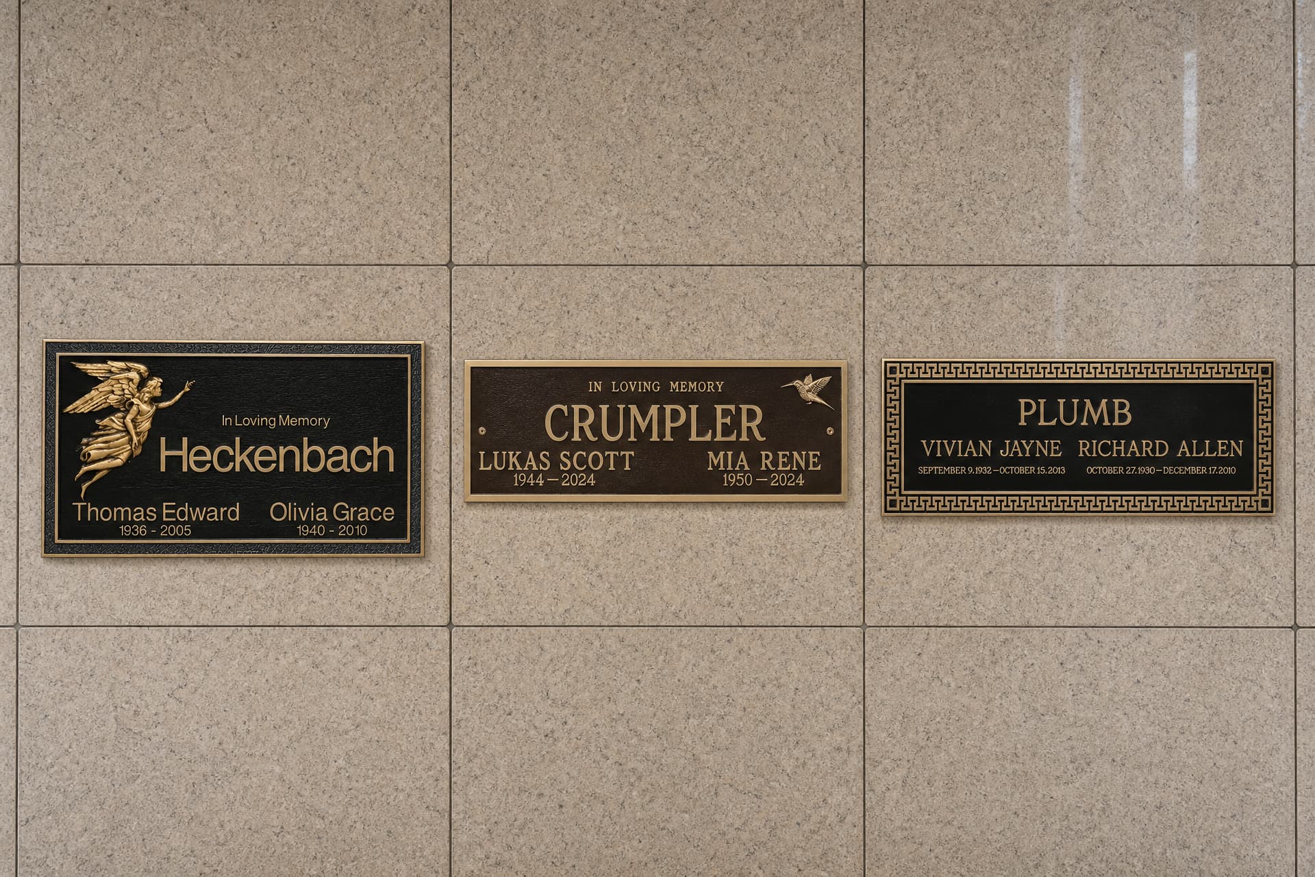Three cast bronze crypt plaques with raised lettering and angel, hummingbird and Greek-key detailing, mounted on a granite crypt front