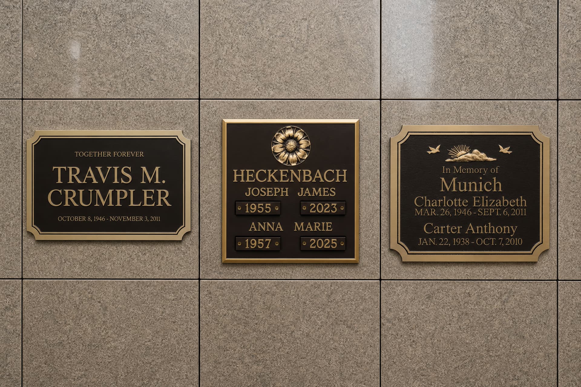 Three cast bronze niche plaques with floral, celestial and sunrise emblems, mounted on a polished granite niche front