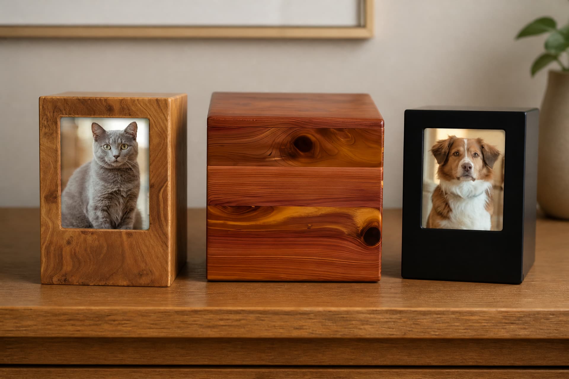 Three plain wooden pet cremation urns on a shelf, including two with photo frames set into the front