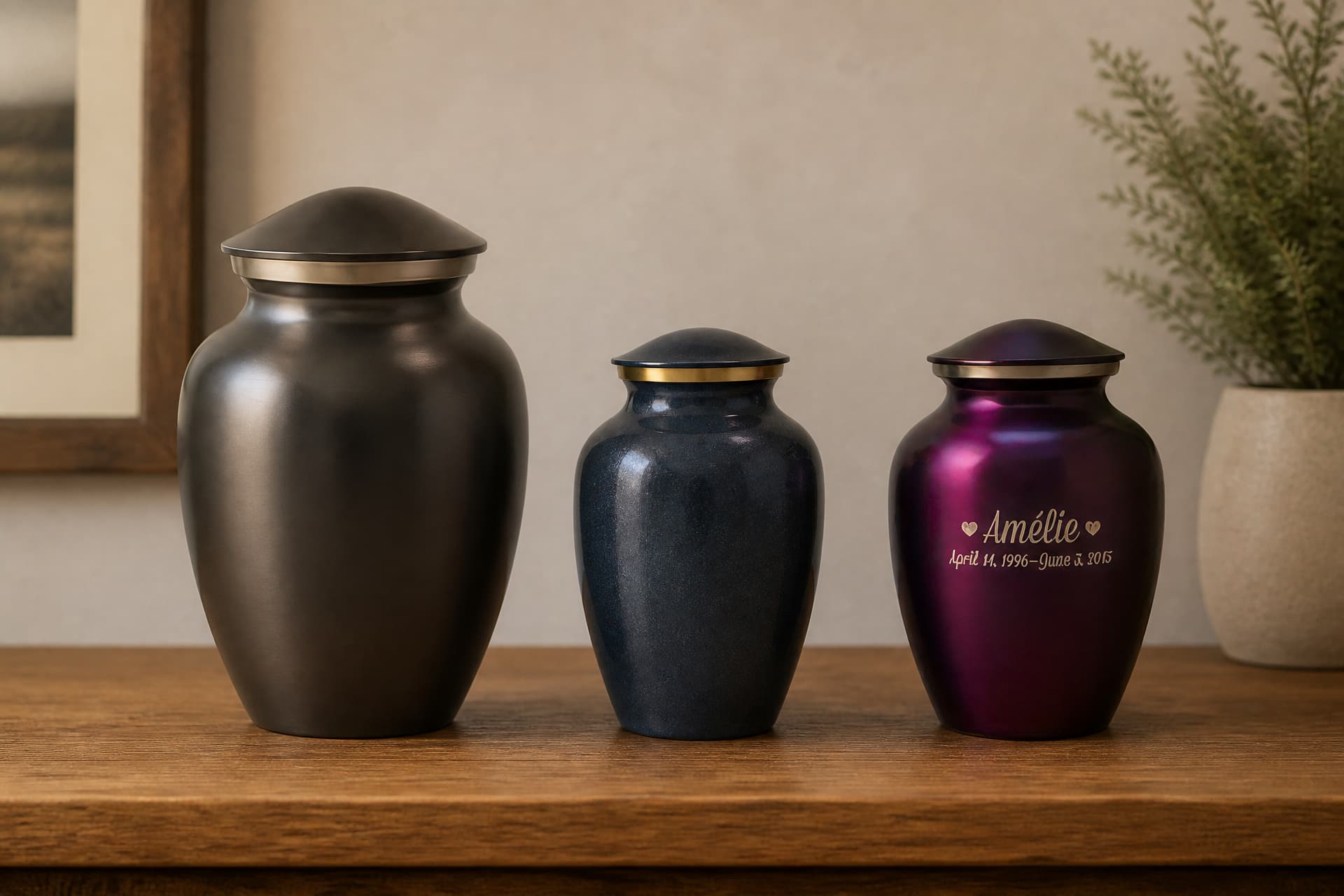 Three small metal pet cremation urns in slate, blue earthtone and violet finishes