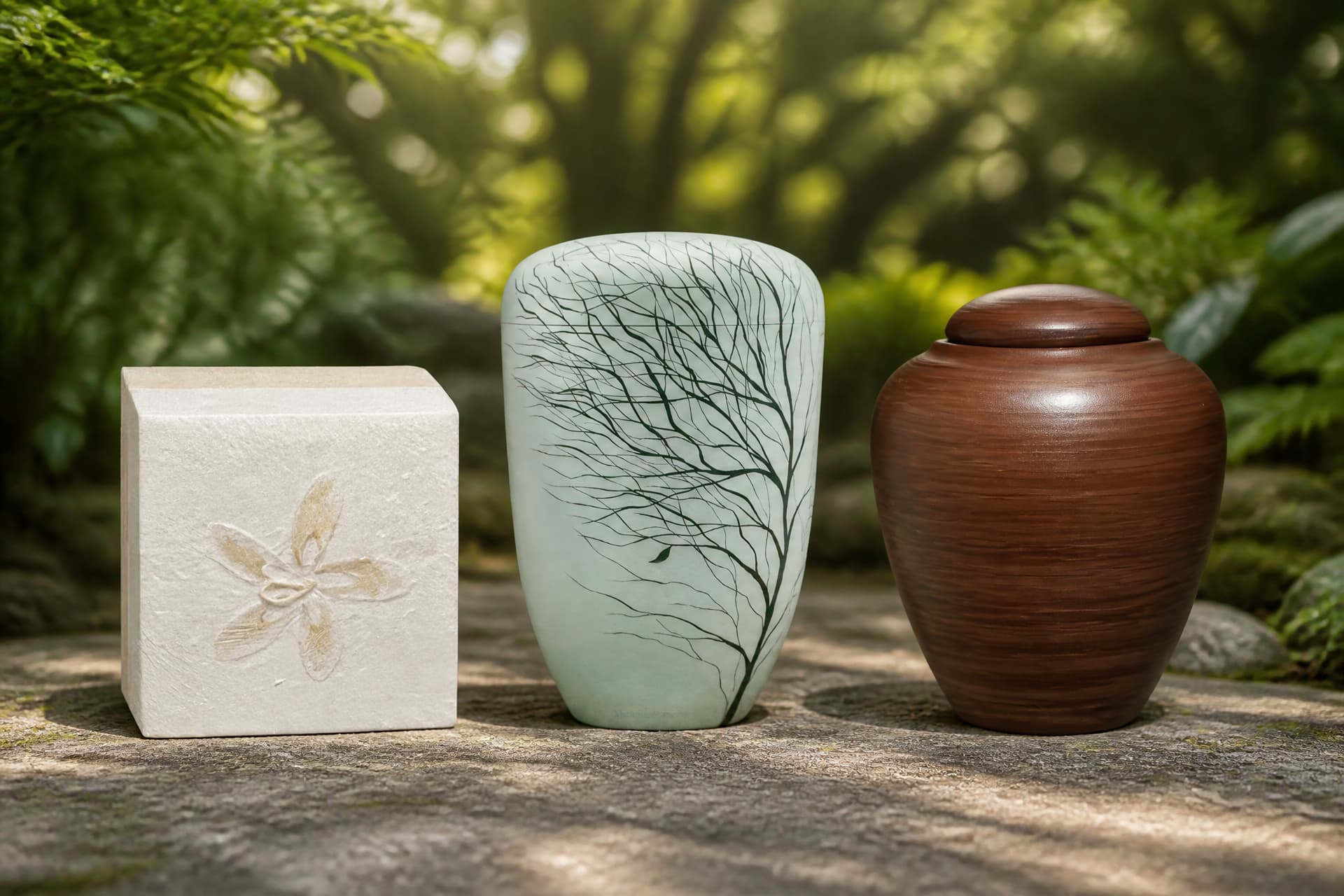 Three biodegradable cremation urns on a mossy stone in a woodland setting