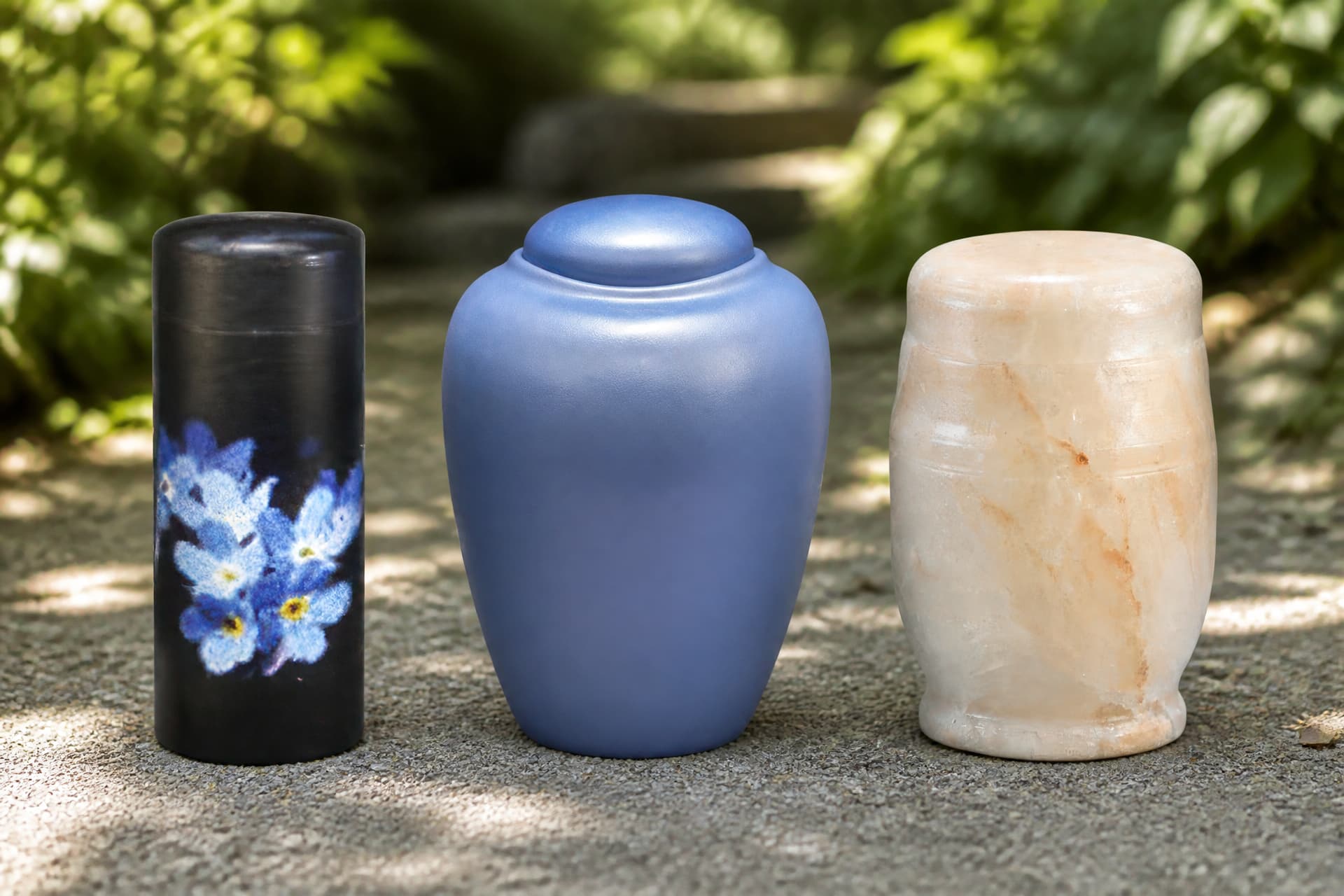 Three more biodegradable urns designed for scattering and water burial, photographed outdoors