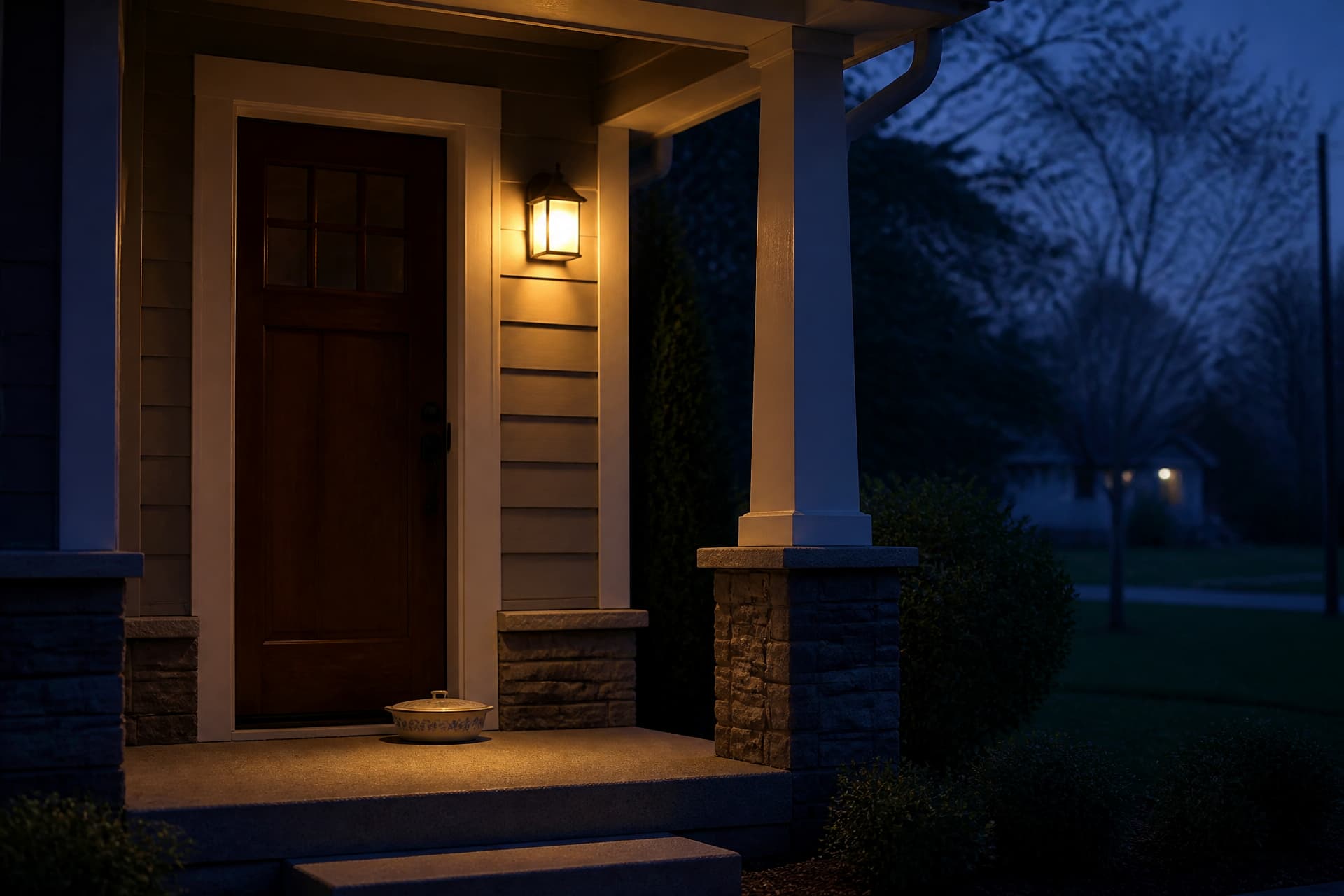 A lit porch light above a closed front door at dusk, a covered casserole dish left on the step below it