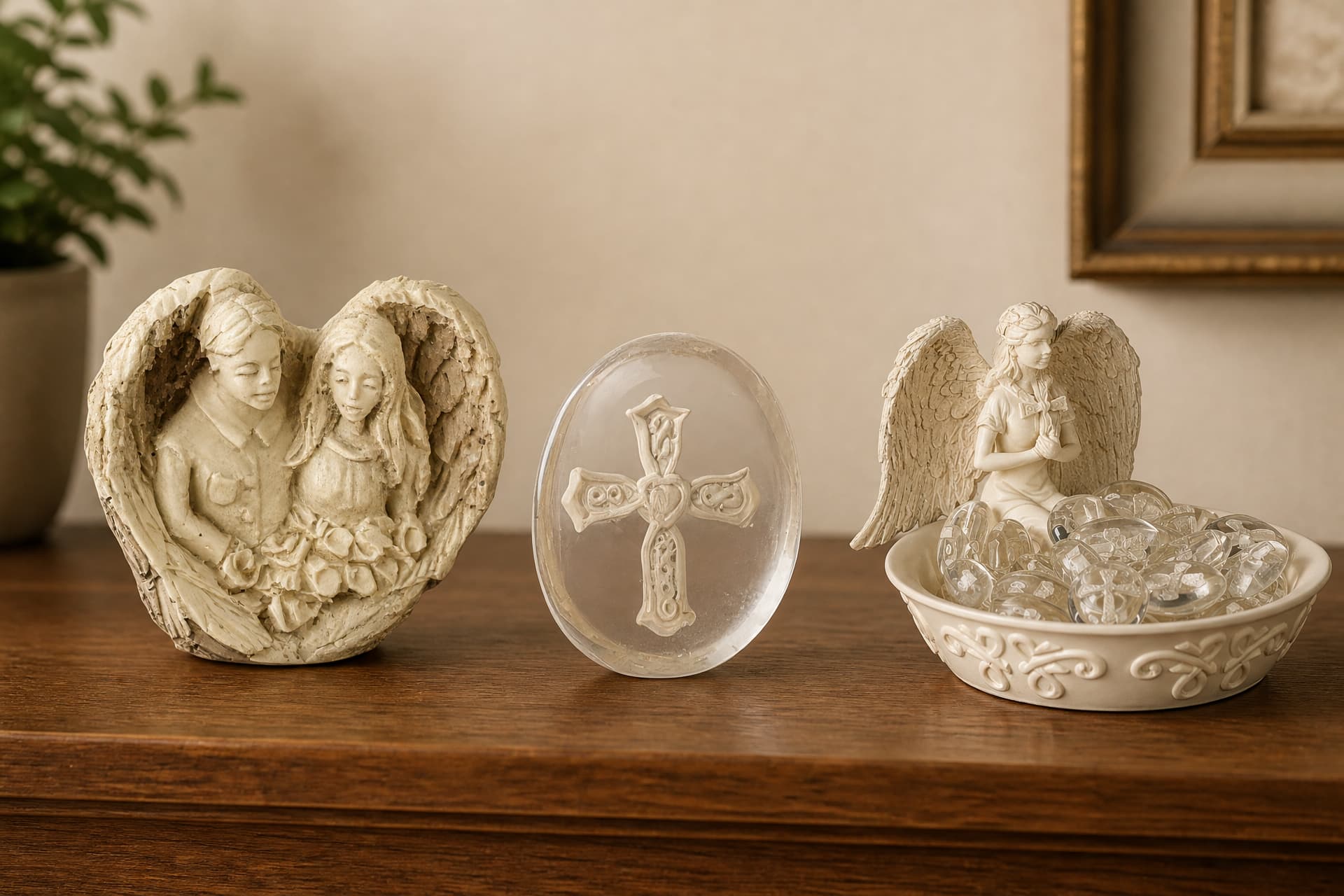A pair of sculpted angel figures within a heart-shaped surround, a clear oval stone with a raised cross, and a ceramic dish holding glass comfort stones, on a wooden shelf