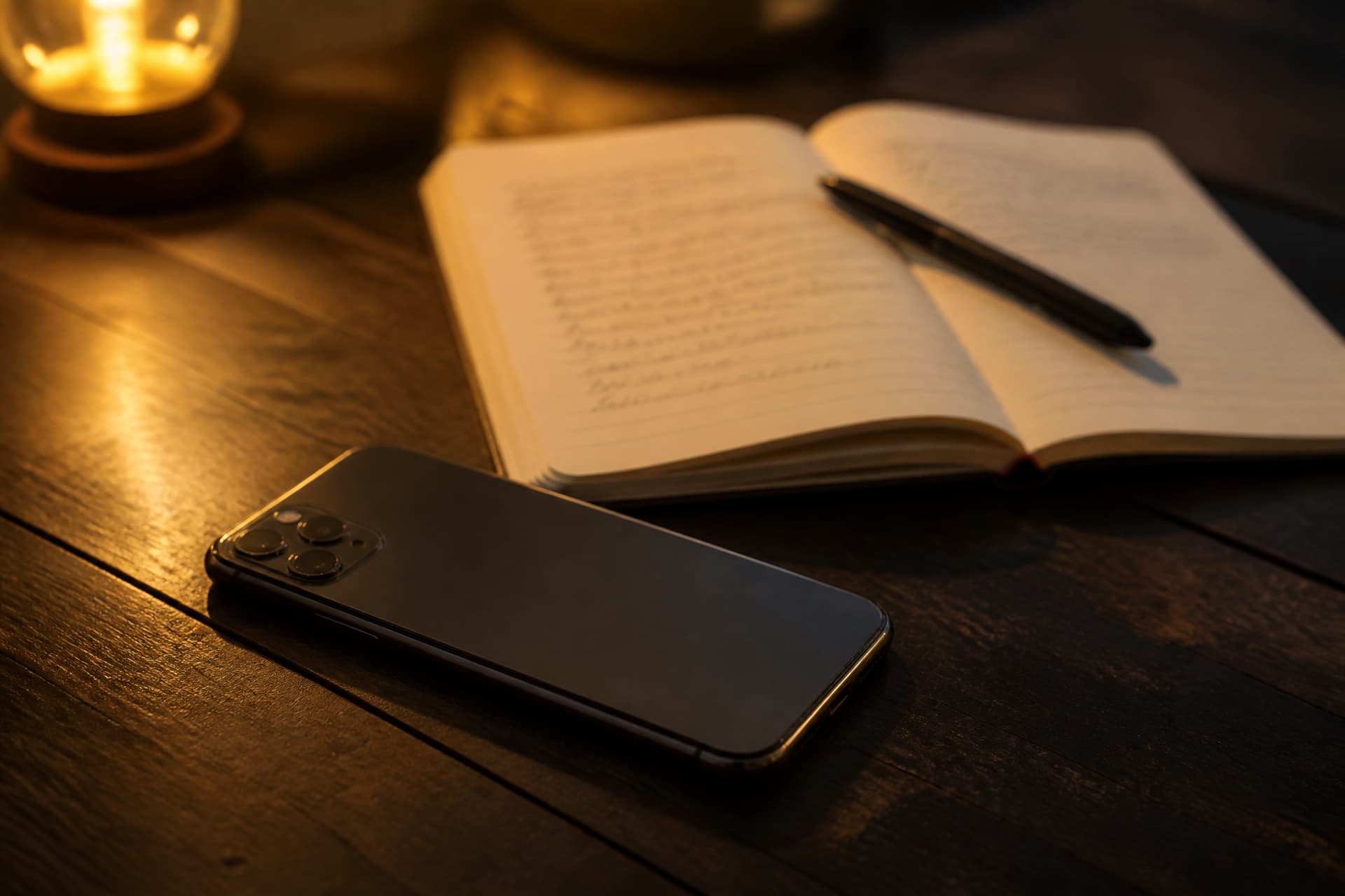 A phone lying face down on a wooden table beside a half-written notepad and a pen in low evening light