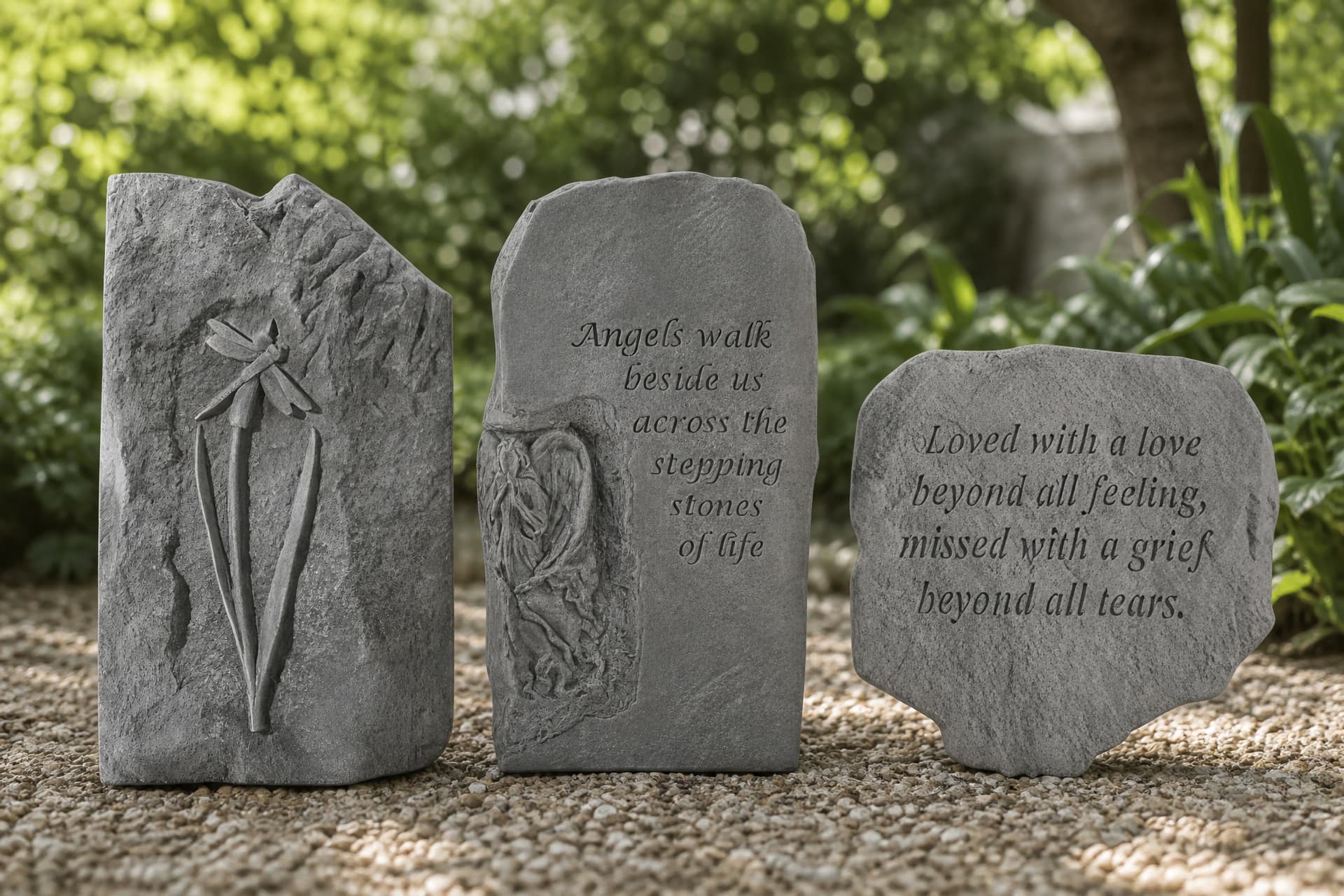 Three cast stone memorial pieces standing on gravel in a garden, one with a dragonfly relief, one engraved "Angels walk beside us across the stepping stones of life", and one engraved "Loved with a love beyond all feeling, missed with a grief beyond all tears"