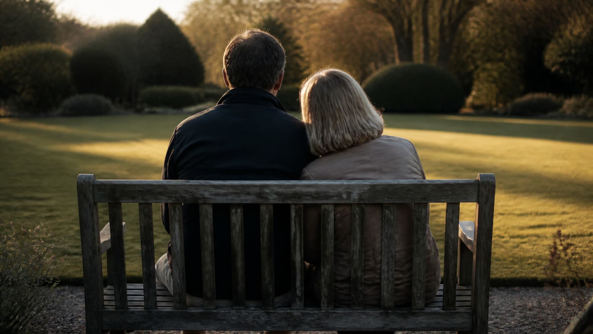 Two people sitting on a garden bench in low evening light, seen from behind, one leaning slightly toward the other