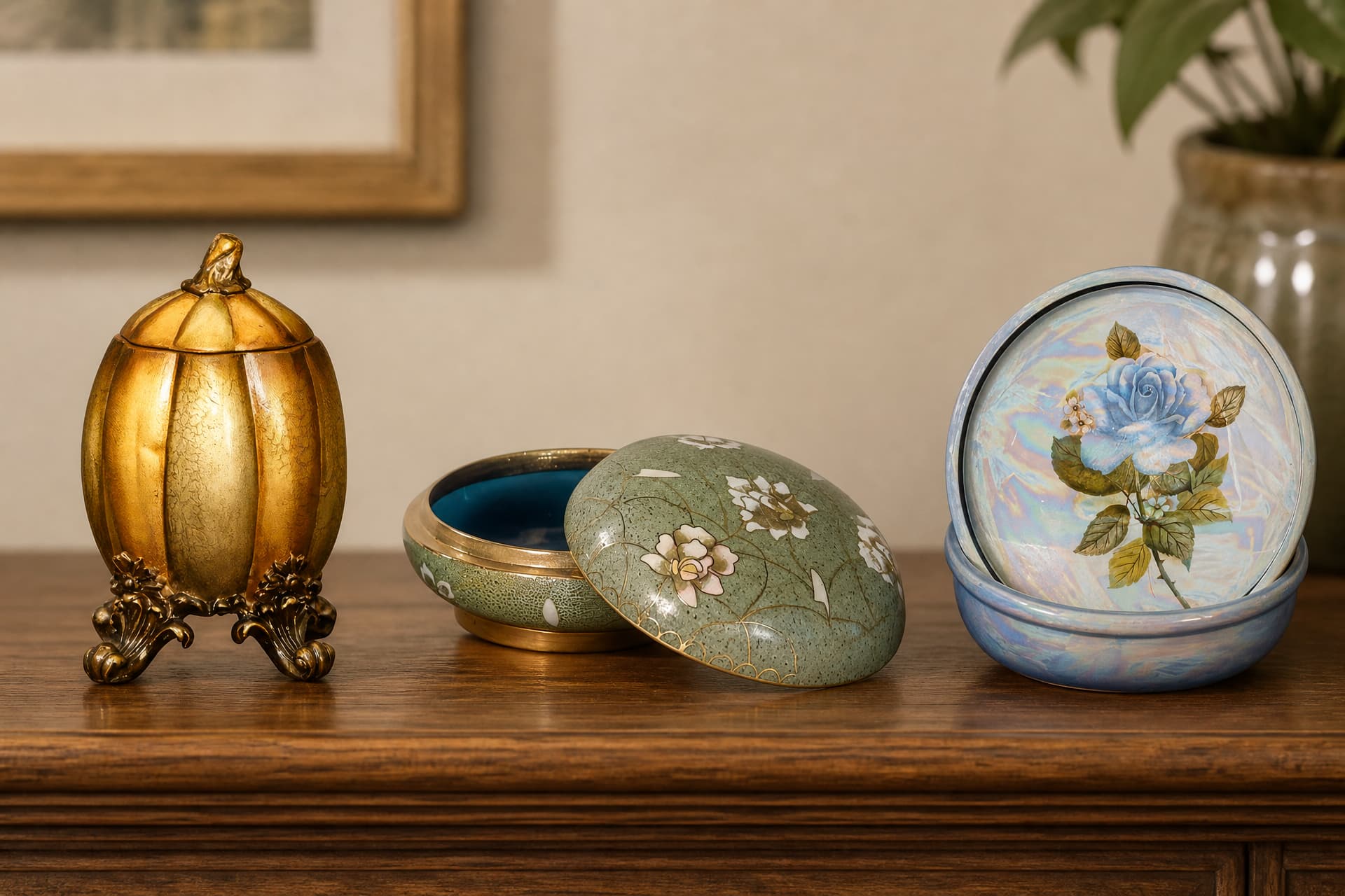 A gilded footed keepsake urn, a low green cloisonne box with its domed lid resting against it, and a pale blue lustre box painted with a rose, on a wooden sideboard