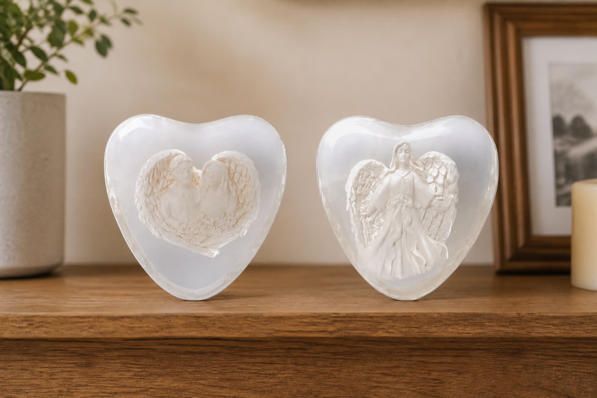 Two pearl-glazed heart-shaped stones on a wooden shelf, each holding a sculpted angel relief within the hollow