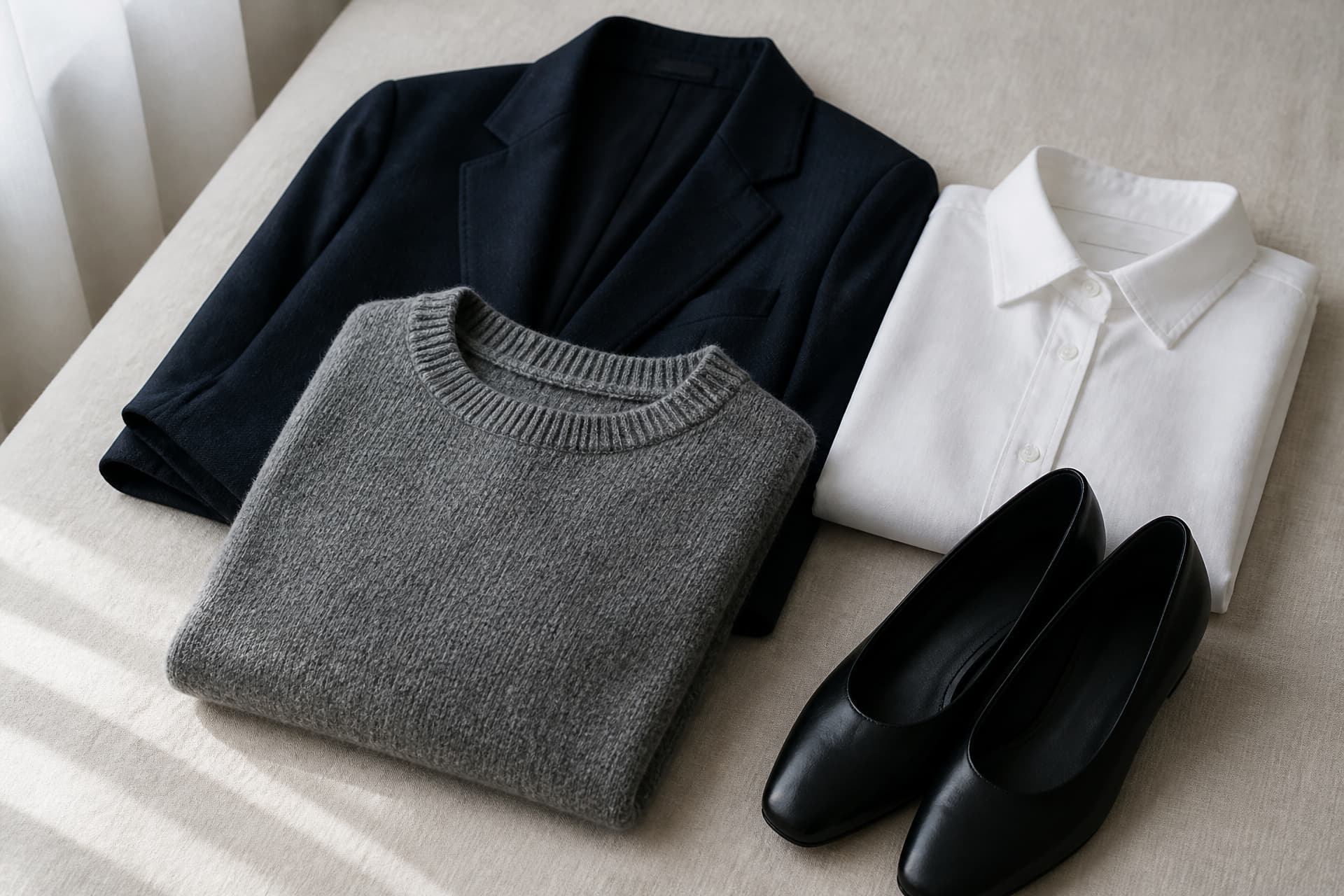 Close view of folded dark clothing on a bed โ a navy jacket, a grey knit, and a plain white shirt โ with low black shoes beside them