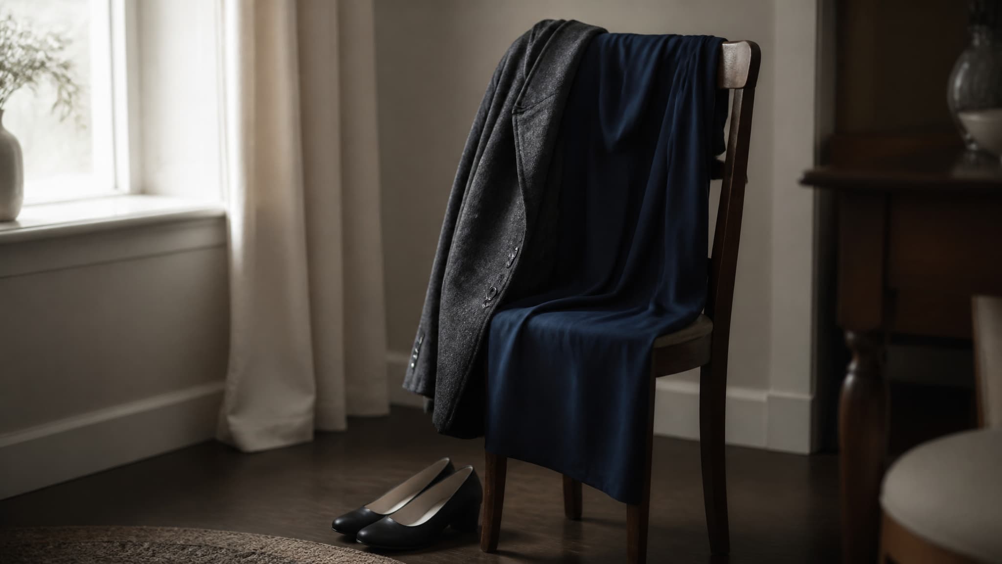 A dark wool coat and charcoal dress laid over the back of a chair in soft morning light, with plain black shoes on the floor beside them