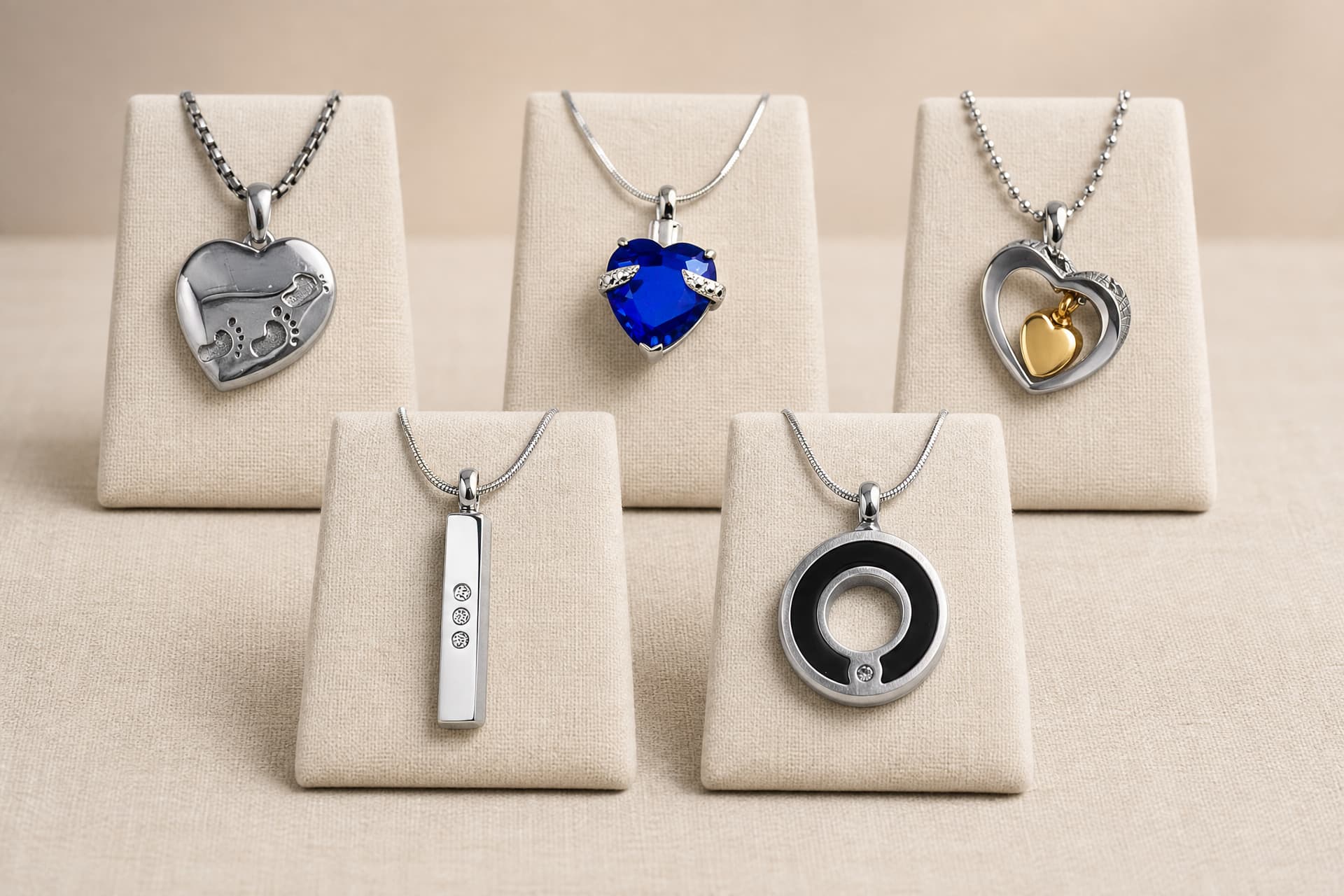 Five memorial necklaces that hold a small portion of ashes, each on its own display stand โ a footprint heart, a blue faceted heart, a double heart in silver and gold, a slim steel bar and a black-and-steel circle
