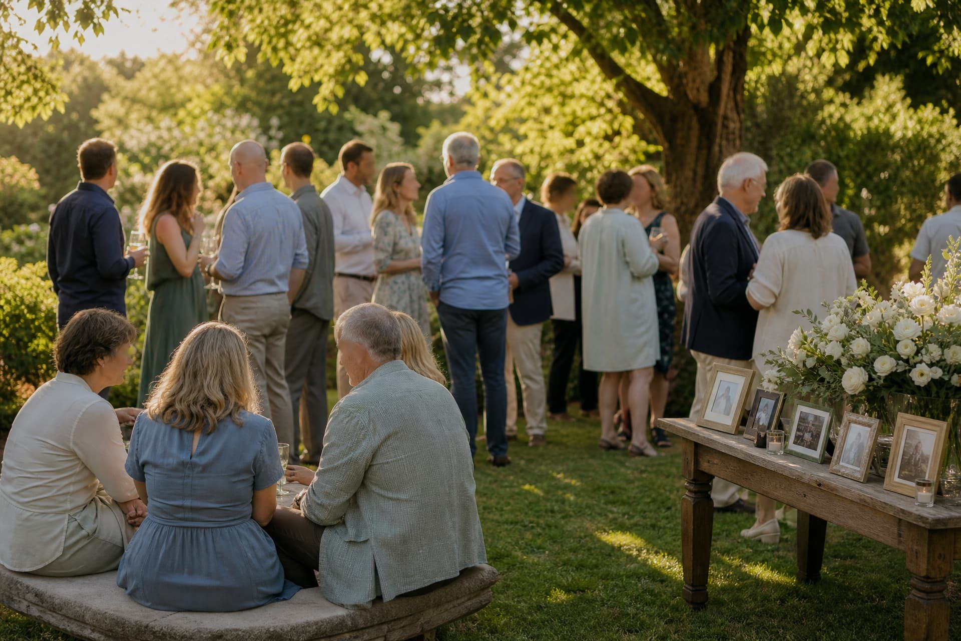 An outdoor celebration of life gathering in a garden, guests in soft muted colors standing and sitting in groups beside a table of framed photographs and white flowers