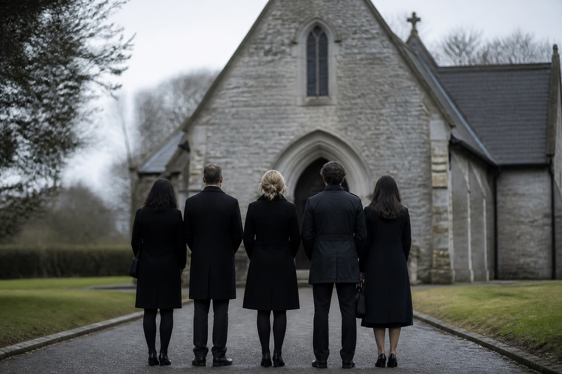 A small group of adults in dark clothing standing outside a stone chapel on an overcast day, photographed from behind at a respectful distance