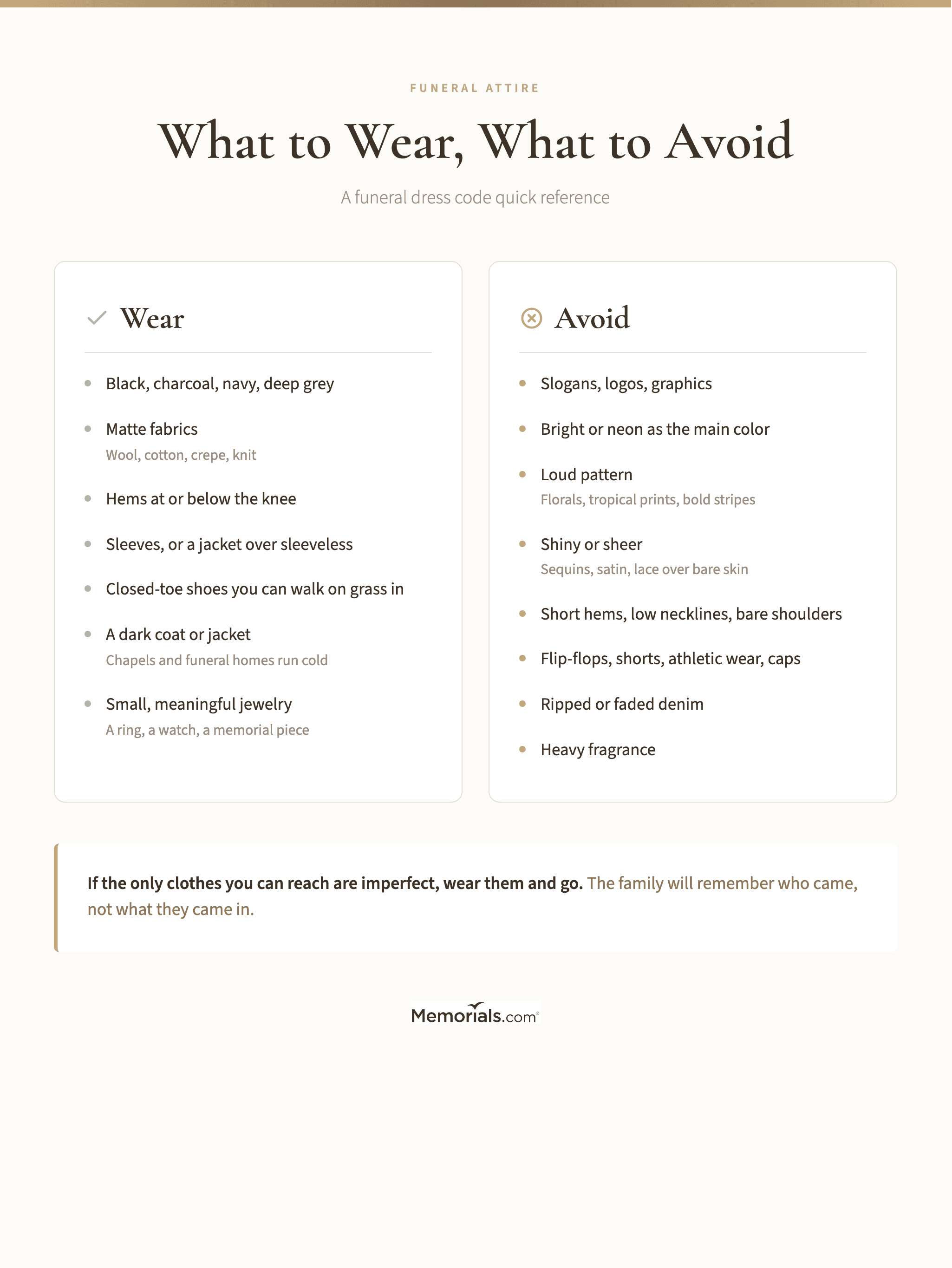 Two-column quick reference: what to wear versus what to avoid at a funeral