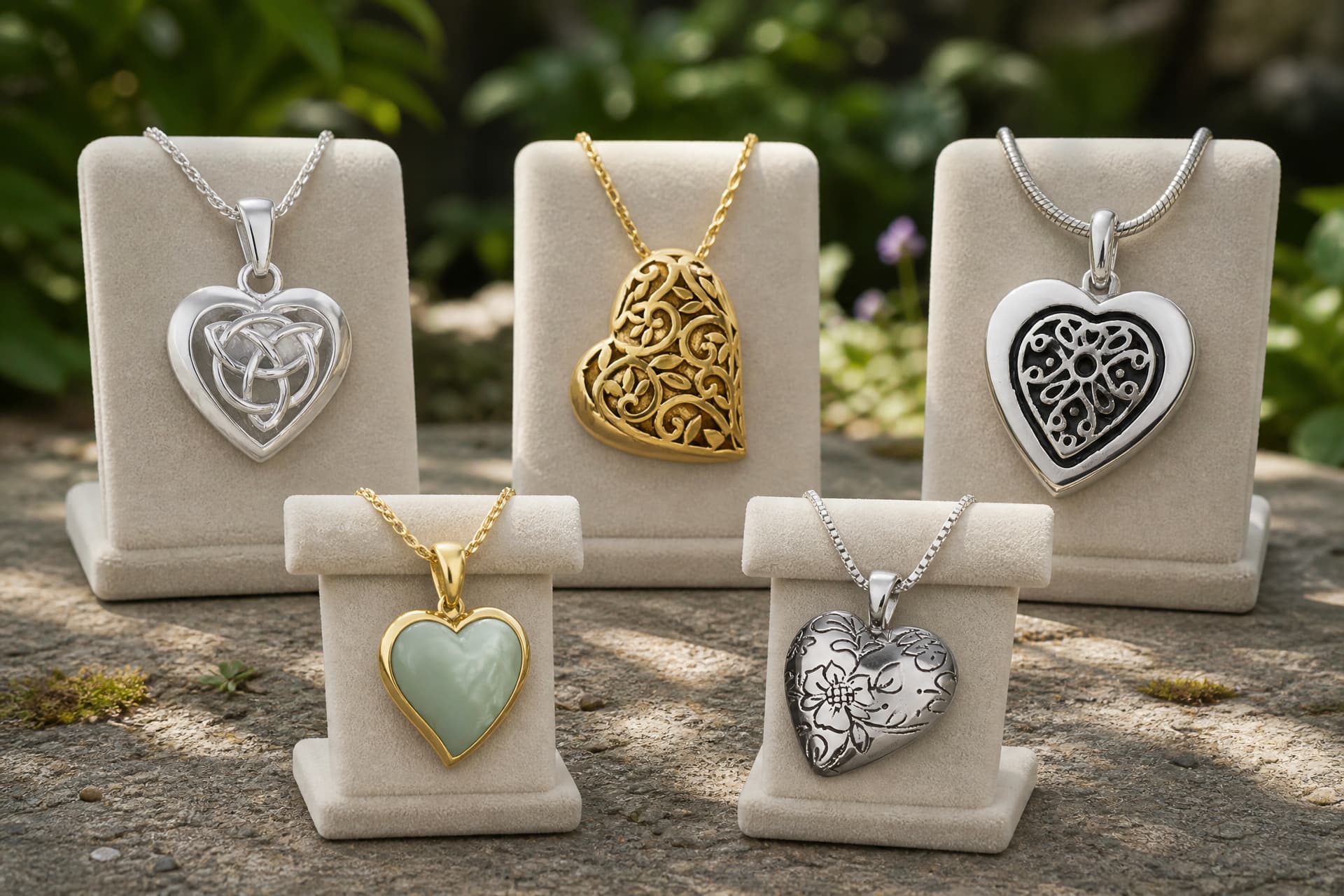 Five heart-shaped cremation pendants on individual display stands in a sunlit garden โ a Celtic knot heart, an open gold filigree heart, a silver heart with dark scrollwork, a pale green stone heart and an engraved floral heart