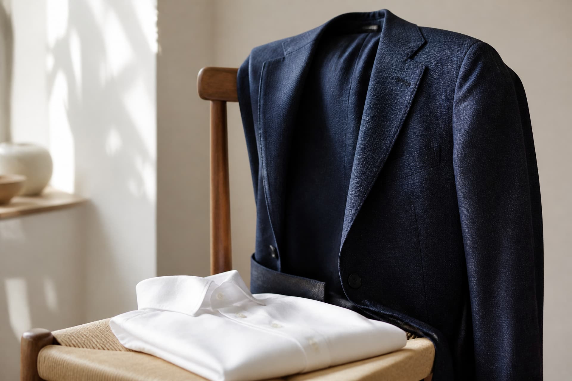 A lightweight navy jacket draped over the back of a wooden chair in a bright, airy room