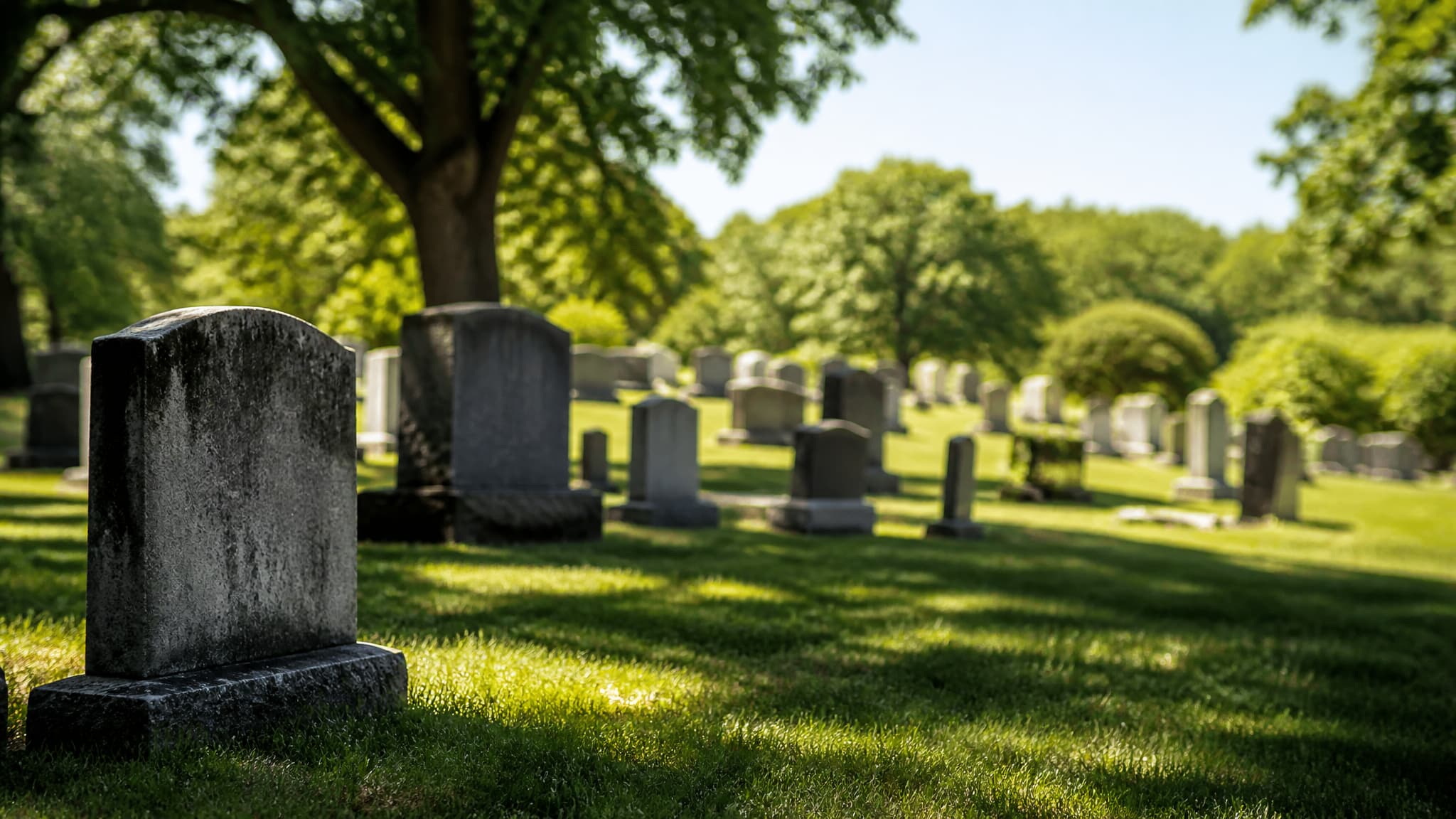 A sunlit cemetery in high summer with mature trees casting shade over mown grass and scattered headstones