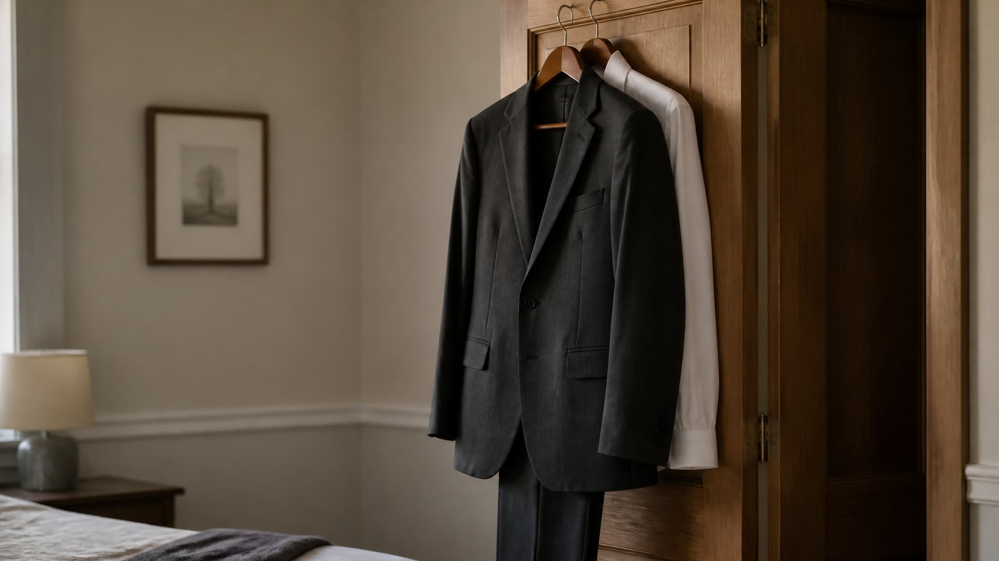 A dark charcoal suit on a wooden hanger against a wardrobe door in soft morning light