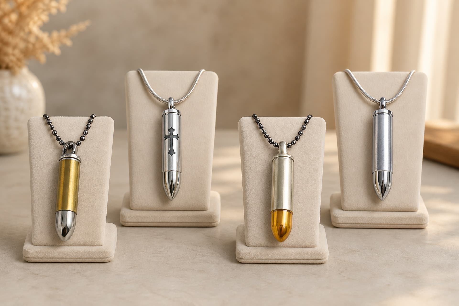 Four men's bullet-casing cremation pendants on individual display stands in soft natural light โ brass, a silver casing with a cross, a gold-tipped casing and a plain steel one