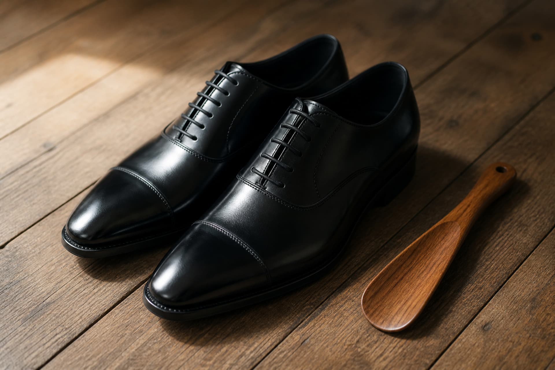 A pair of polished black leather oxford shoes beside a wooden shoehorn on a floorboard