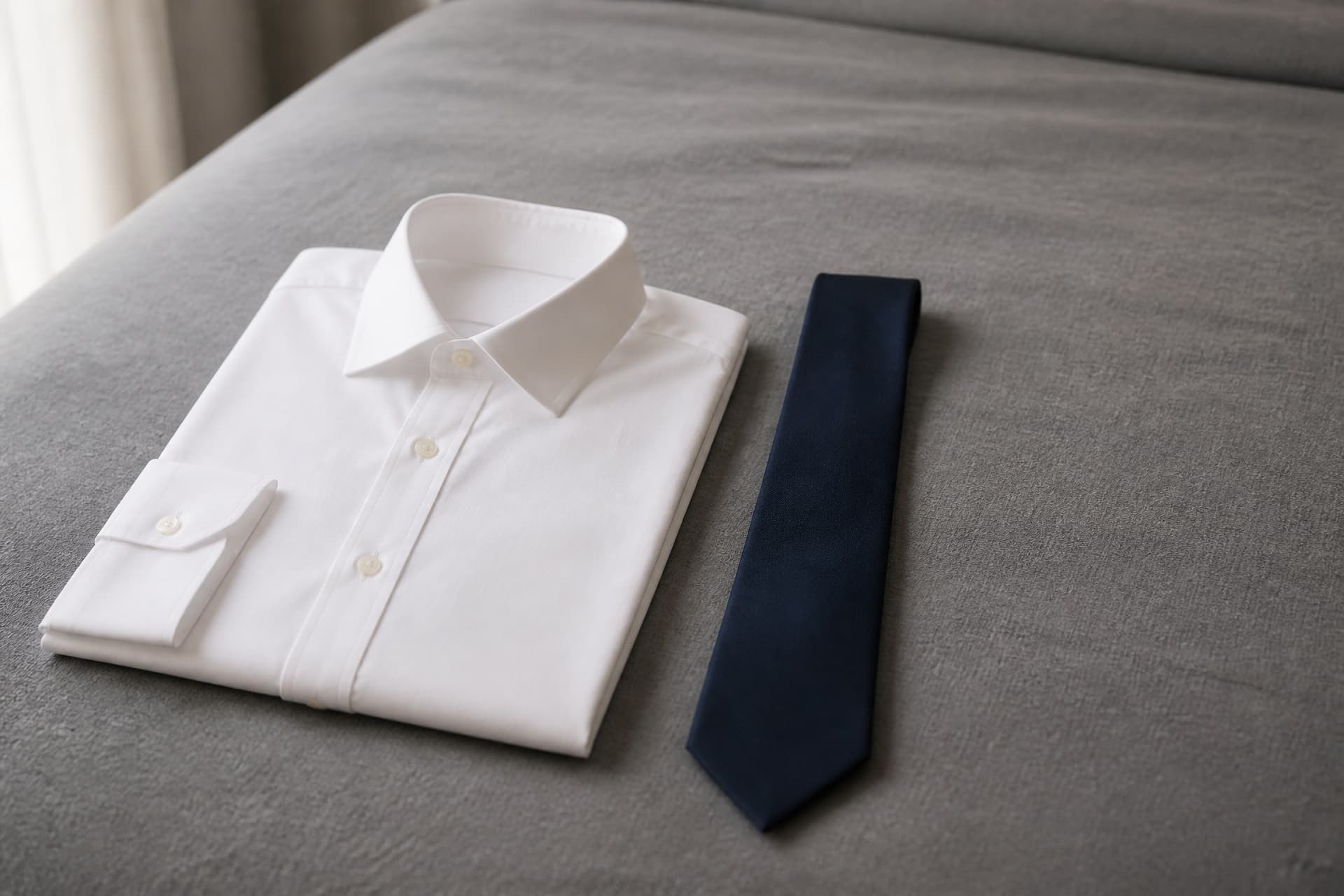 A white cotton shirt and a plain dark tie laid flat side by side on a bed