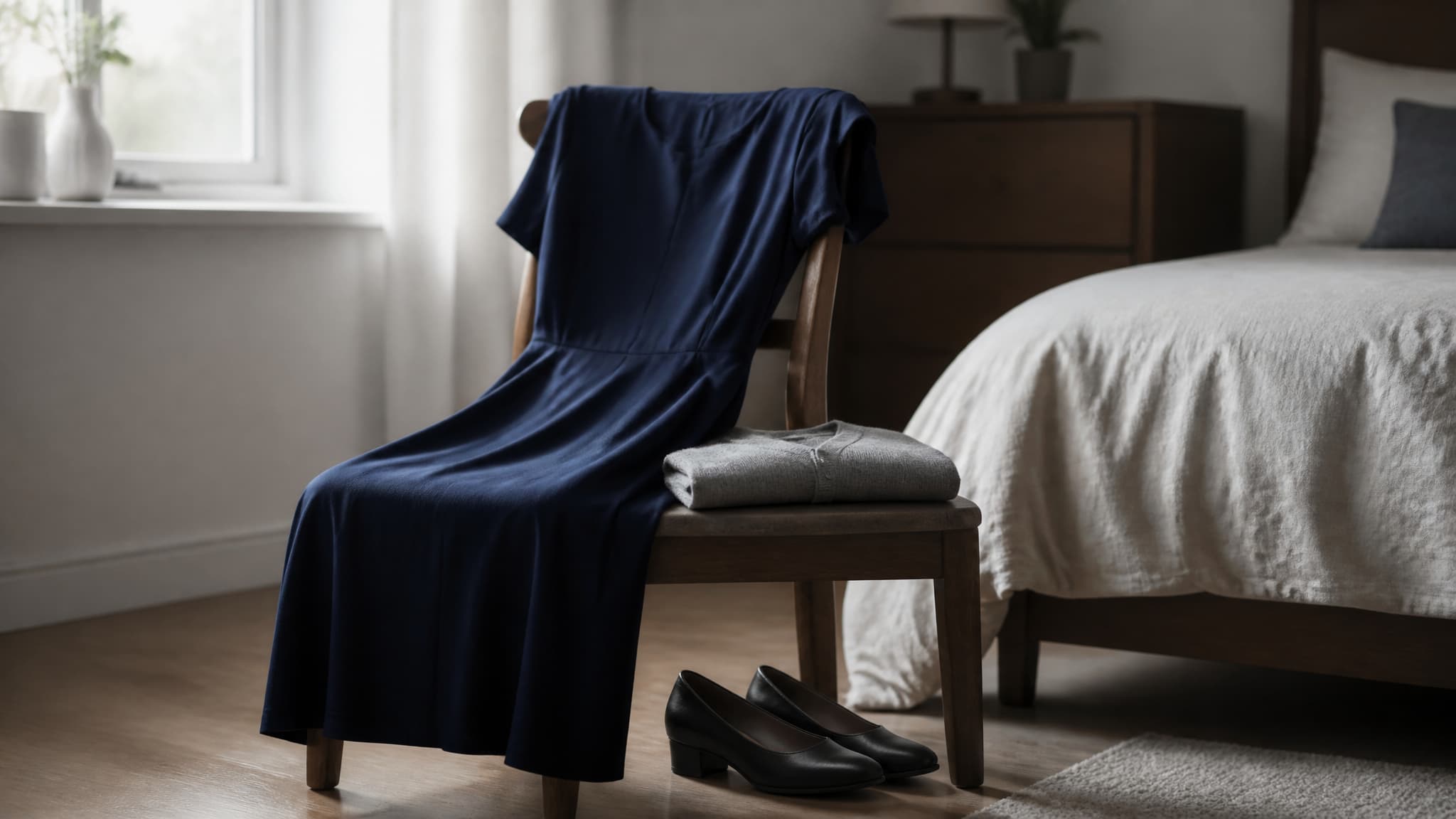 A dark navy dress laid over a chair beside plain black low-heeled shoes in soft morning light