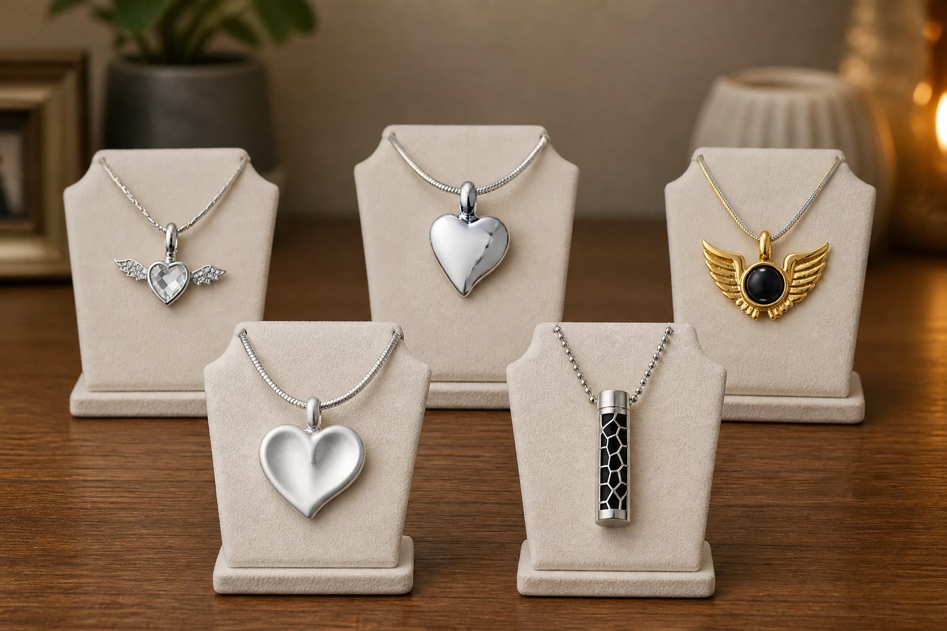 Five memorial necklaces on individual display stands on a hall table โ a winged crystal heart, a polished silver heart, a gold winged pendant with a black stone, a matte silver heart and a slim patterned cylinder