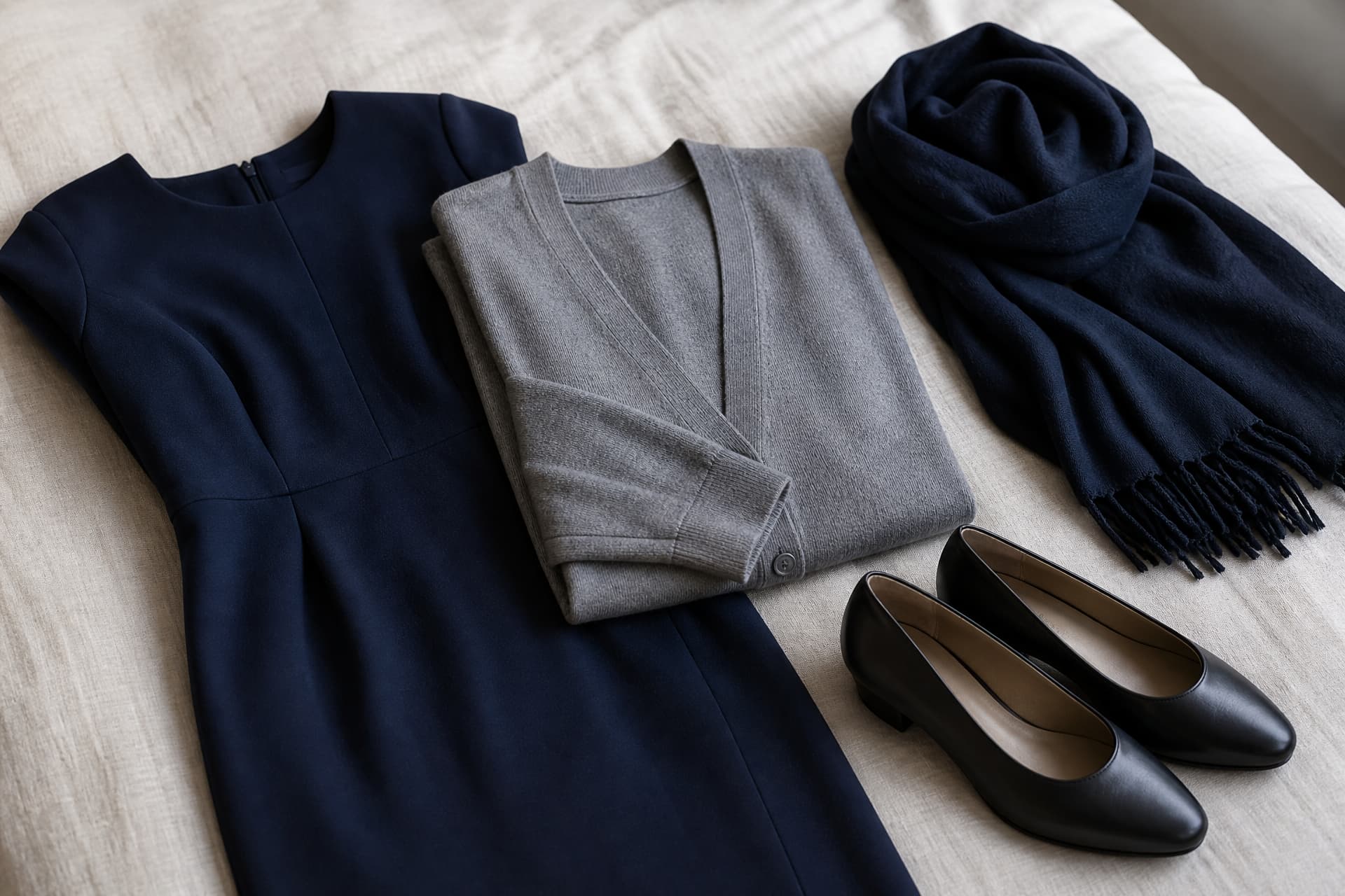 Folded dark clothing on a bed โ a navy dress, a grey cardigan and a plain dark scarf โ beside low black shoes