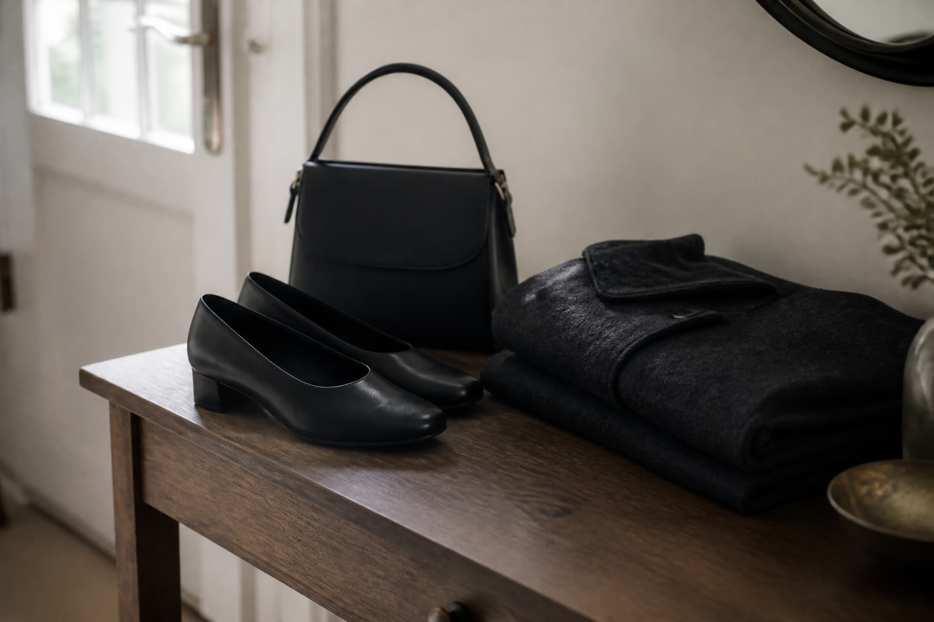 Plain black low-heeled shoes and a small dark handbag on a hall table beside a folded dark coat