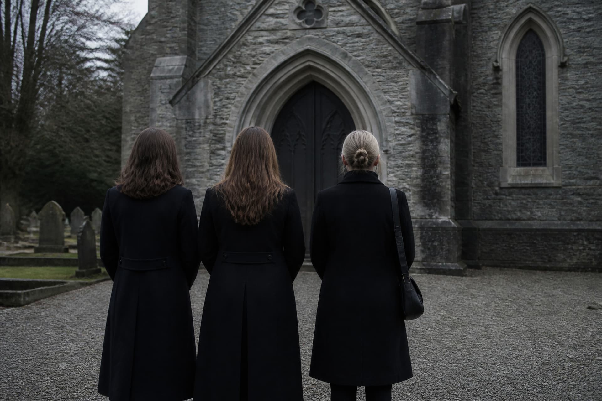 Three women in dark coats standing together outside a stone chapel on an overcast day, photographed from behind