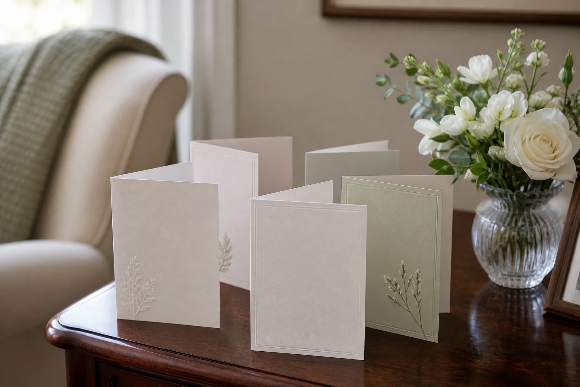 Condolence cards standing on a side table beside a small arrangement of white flowers in a quiet room