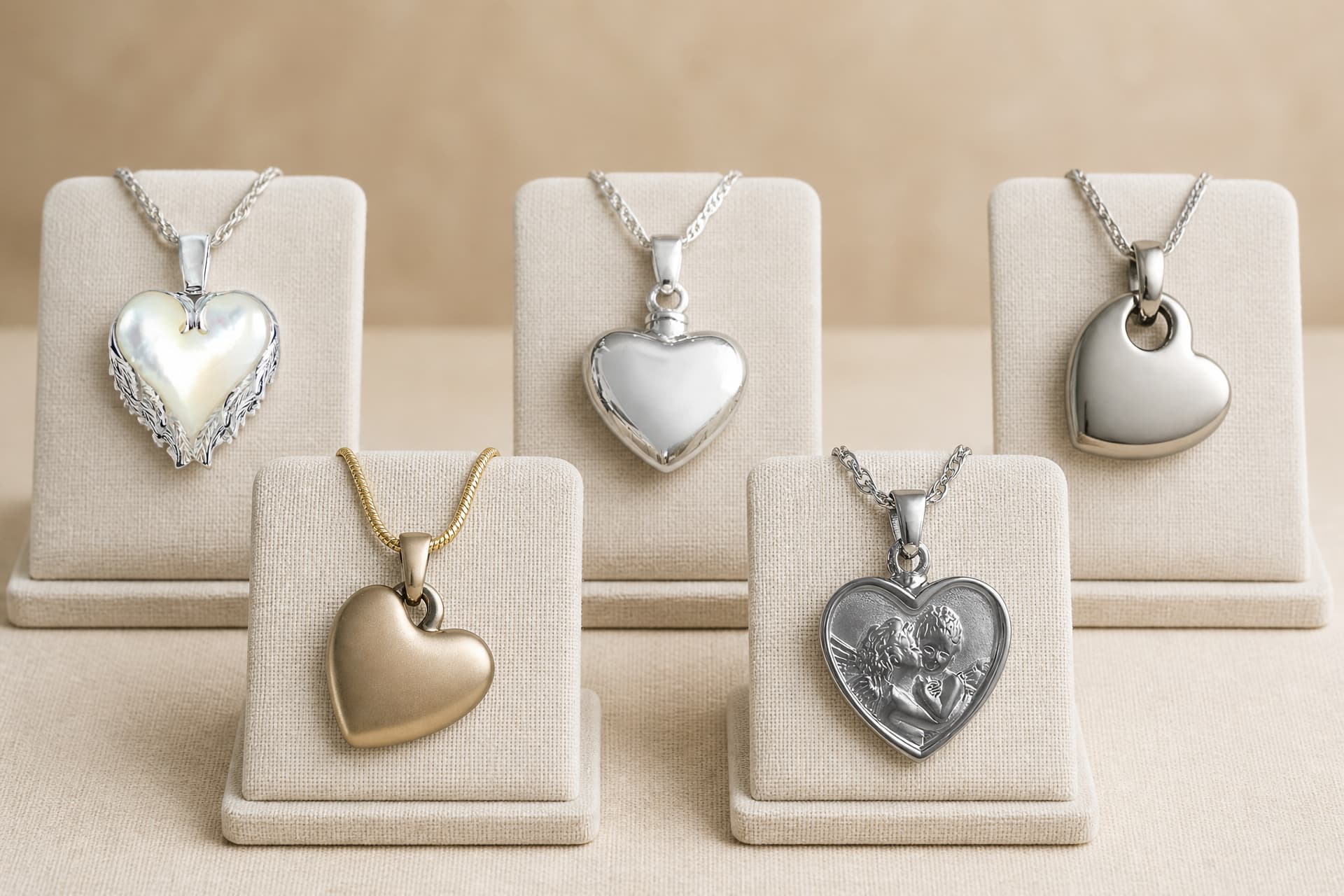 Five heart-shaped memorial pendants on individual display stands โ mother-of-pearl with silver wings, polished silver, plain silver, matte gold and an engraved cherub heart