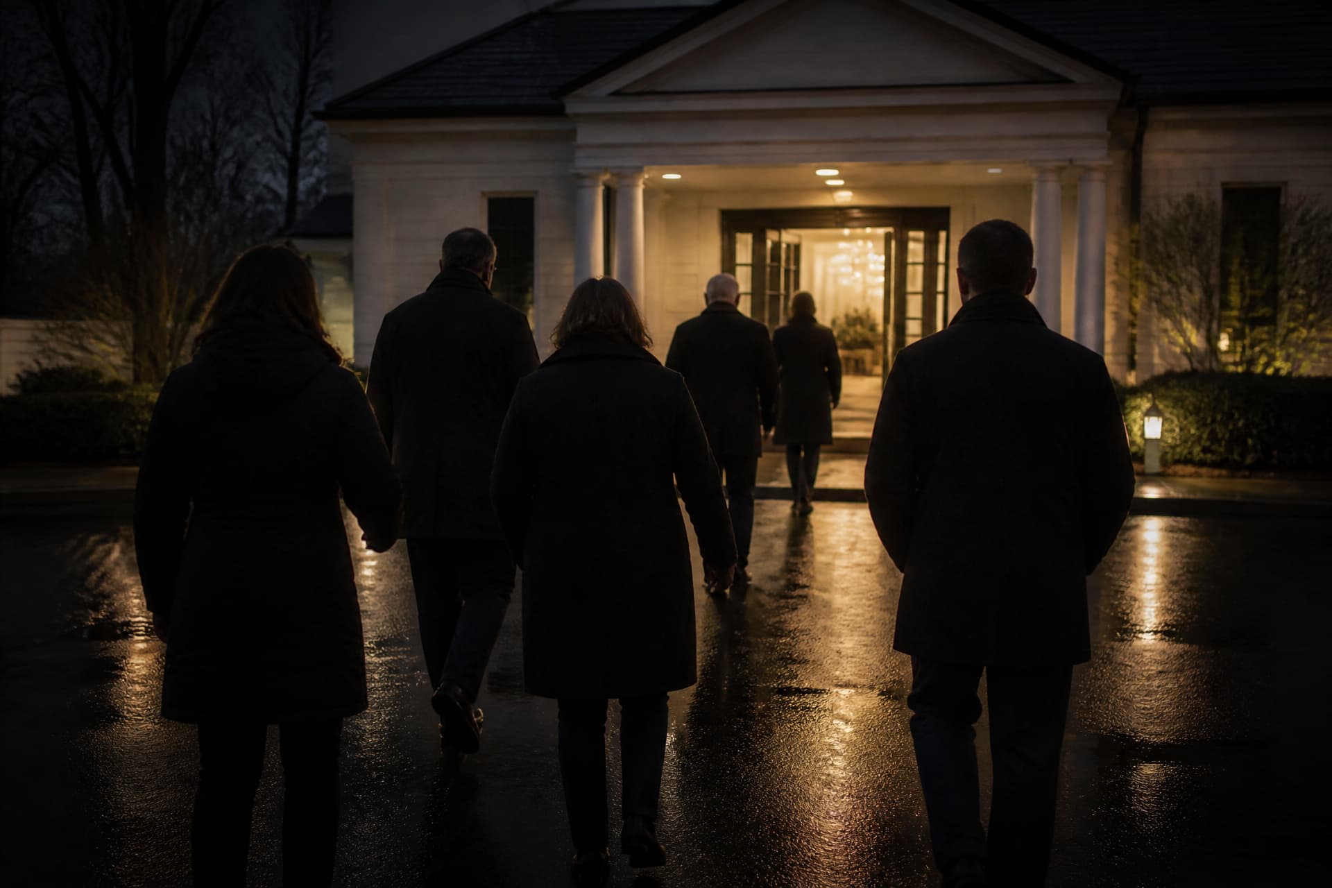 People in dark coats arriving at a lit funeral home doorway on a winter evening, photographed from behind