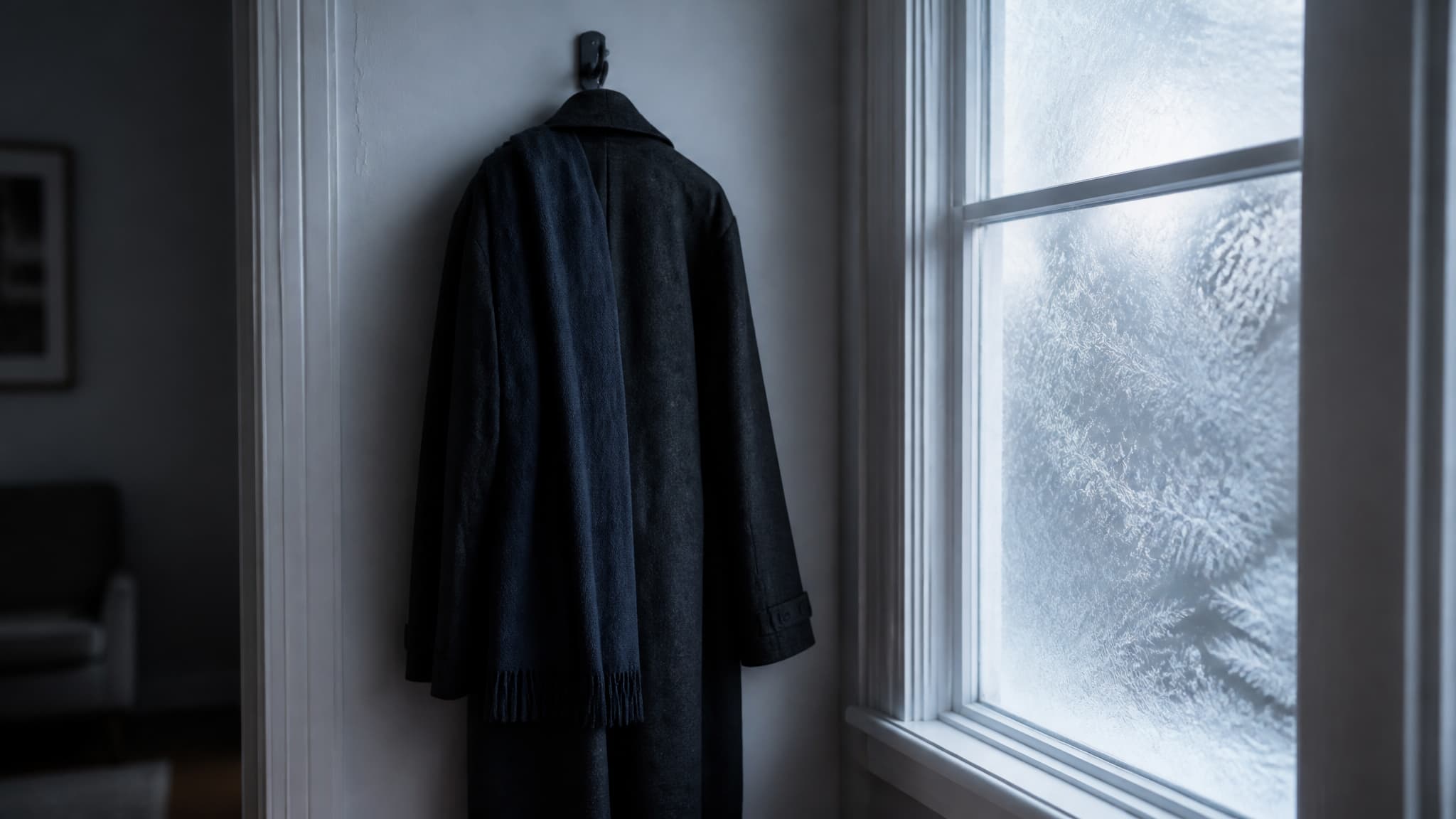 A dark wool overcoat hanging on a hook beside a window with frost across the glass