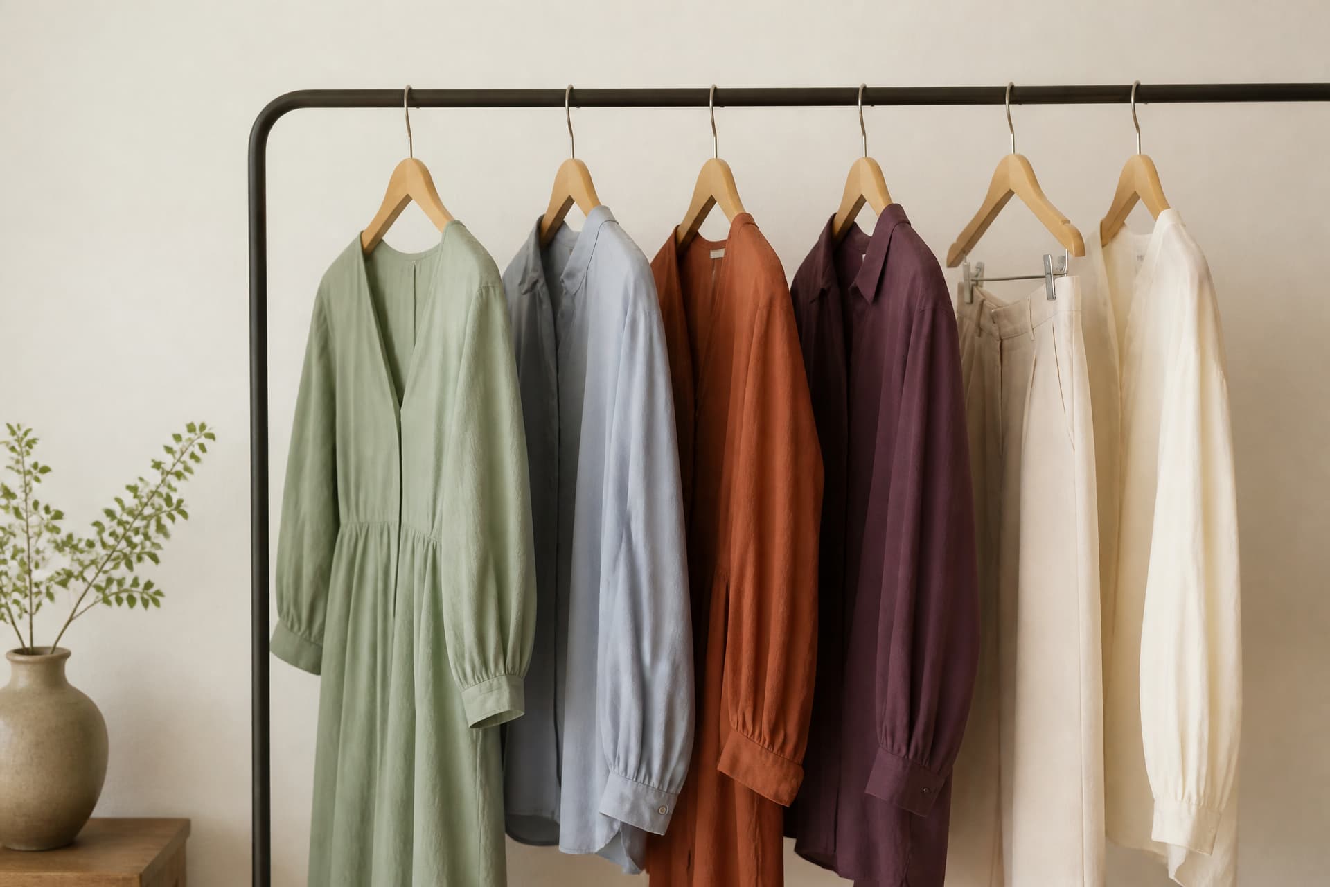 A clothing rail hung with garments in soft sage, dusty blue and warm rust tones against a pale wall