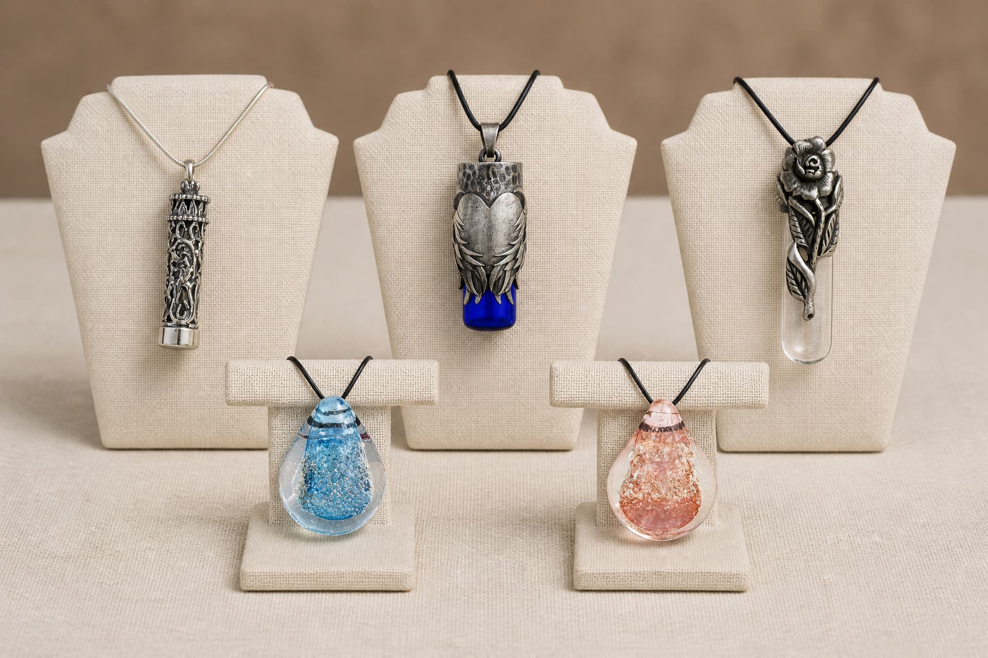 Five coloured glass cremation pendants on individual display stands โ a silver filigree cylinder, a winged pendant over cobalt glass, a silver rose over clear glass, and turquoise and rose-pink glass teardrops