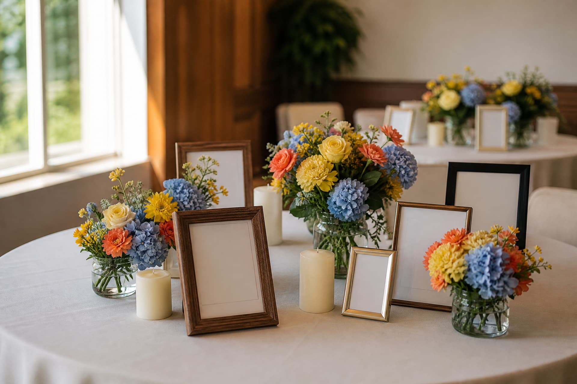 A function room table laid with framed photographs, candles and bright flower arrangements