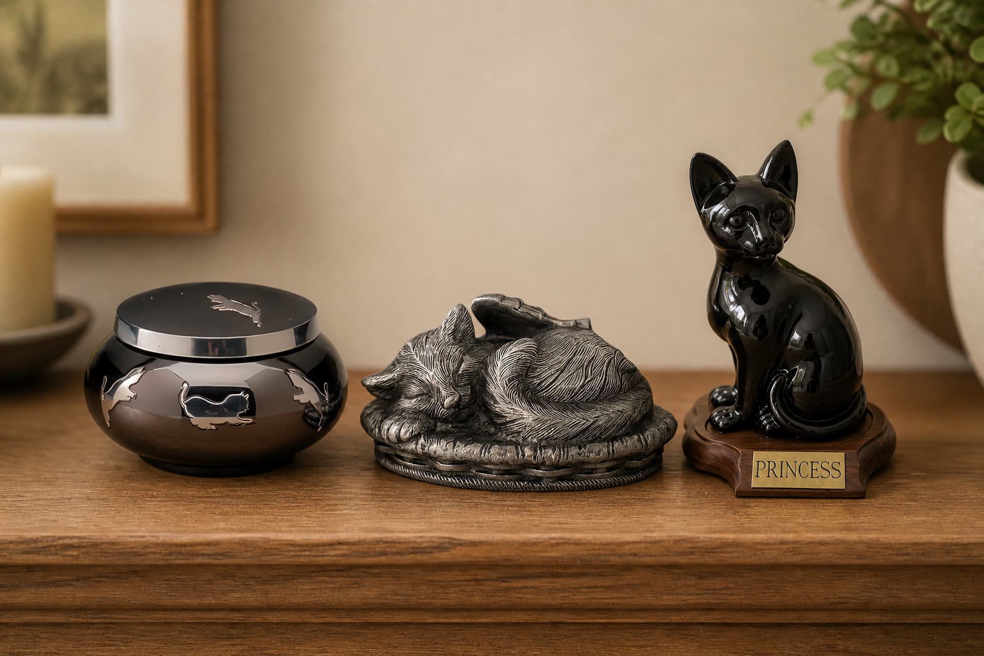 Three cat cremation urns on a shelf: a leaping cat motif, a sleeping cat sculpture and a seated cat figure