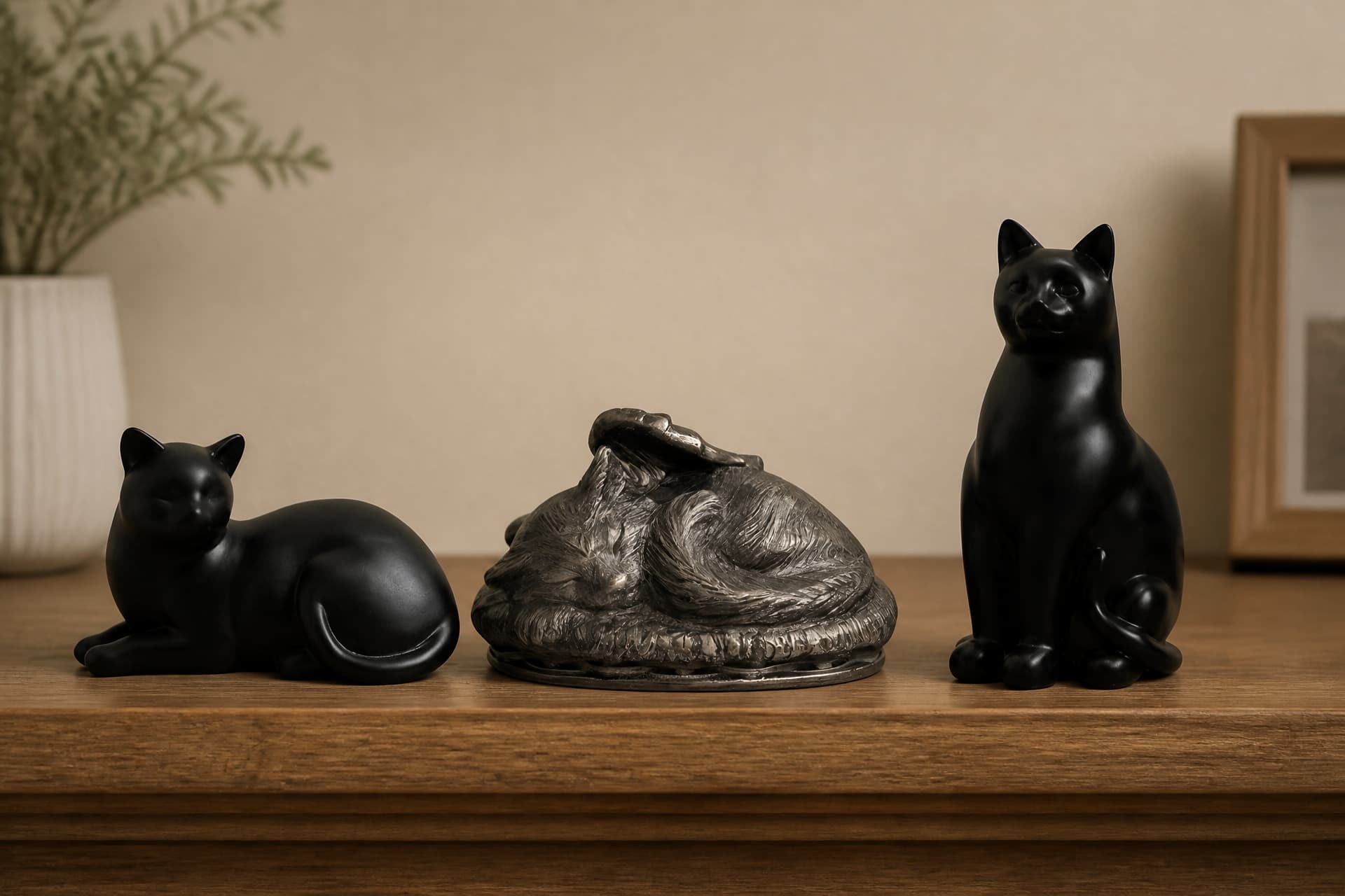 Three more cat urn designs including a cozy sleeping cat and a black elite cat urn